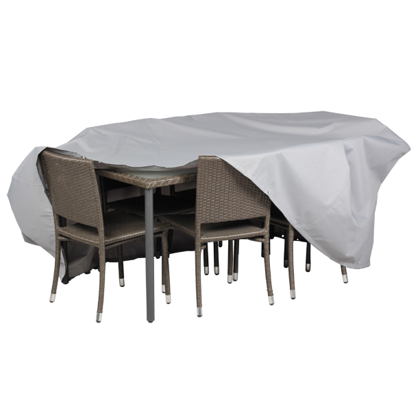 A Premium Extra Large Rectangular Patio Set Cover (320 X 190 X 80 cm) partially shelters a set of outdoor patio furniture, featuring six wicker chairs and a rectangular table. The UV-protected PVC cover offers waterproof protection while the metal legs of the furniture ensure stability. The entire setup is displayed on a white background.
