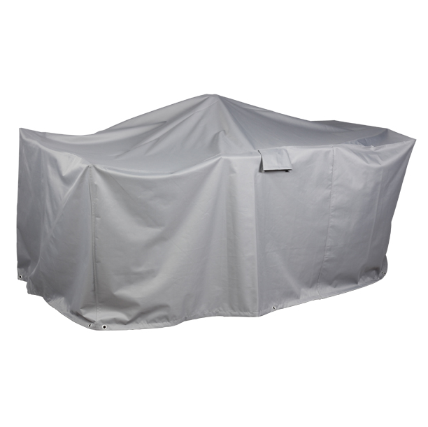 A Premium Extra Large (8-10 seater) Rectangular Patio Set Cover, measuring 320 x 190 x 80 cm (H), is shown draped over an outdoor dining set, concealing the table and chairs underneath. The gray cover appears to be weather-resistant with reinforced stitching and grommets for securing it in place, offering waterproof protection and UV-protected PVC.