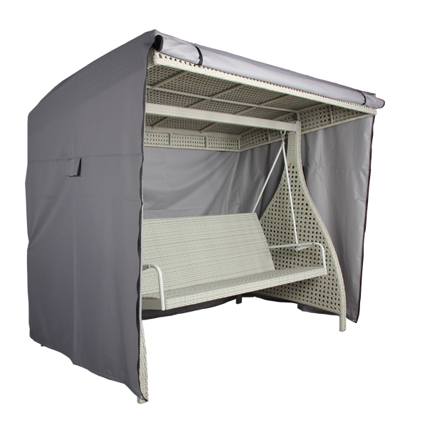 The Premium 3 Seater Hammock Cover (220 X 150 X 170 cm) features a cushioned seat and UV-protected PVC canopy with dotted pattern. Its metallic frame supports matching fabric sides, providing waterproof protection against the elements.