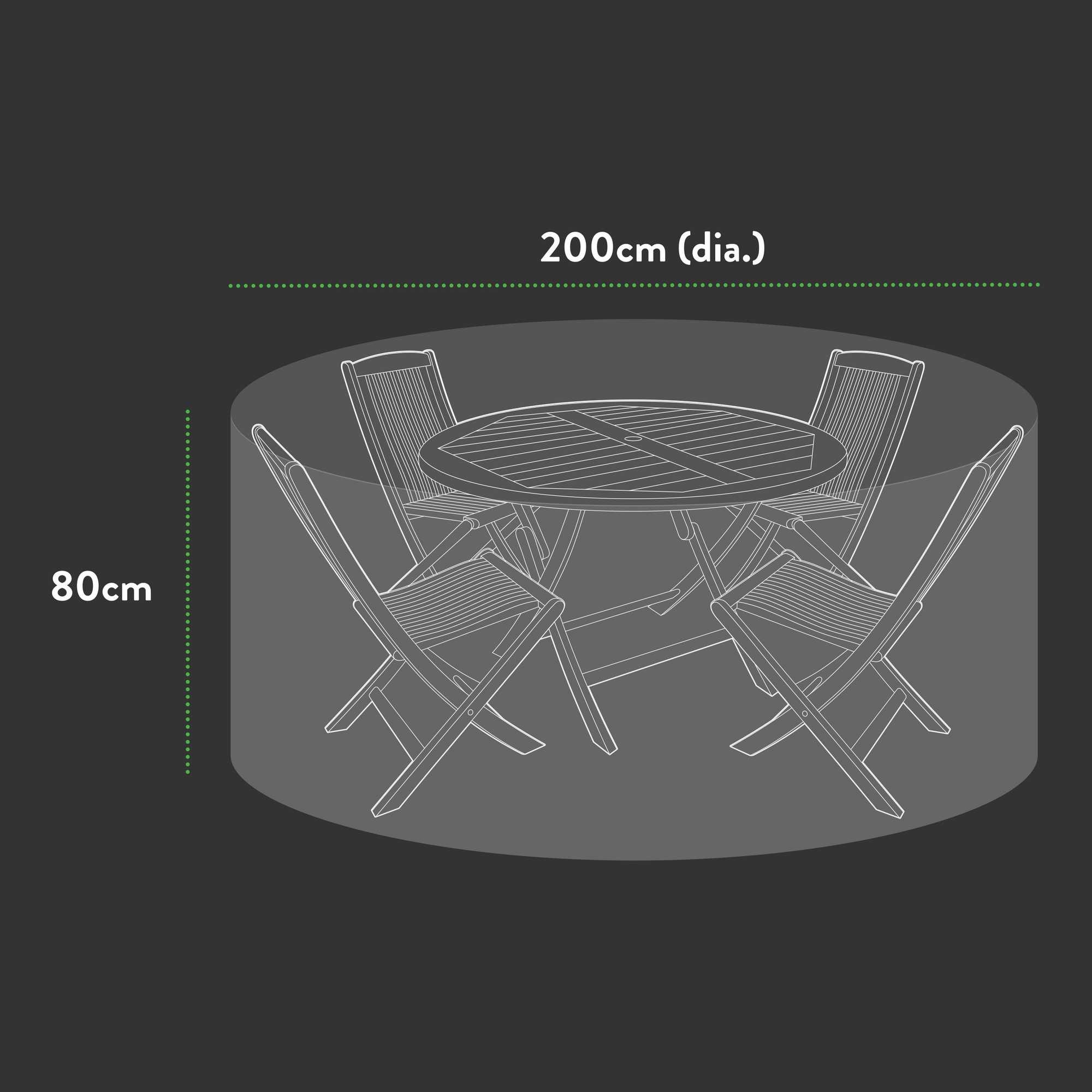 Illustration of the Premium 4 Seater Round Patio Set Cover with four folding chairs arranged around it. The table, which has a diameter of 200 cm and a height of 80 cm, is showcased. This set of outdoor furniture is displayed on a dark background with green measurements.