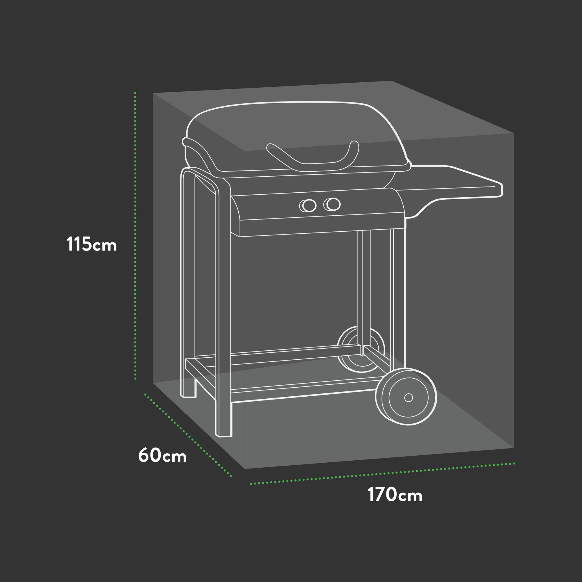 Illustration of a grill fitting under the Premium Large Barbecue Cover (170cm W x 60cm D x 115cm H). The grill, inside a rectangular box, features two wheels, a side shelf, and a closed lid—ideal protection for outdoor furniture.