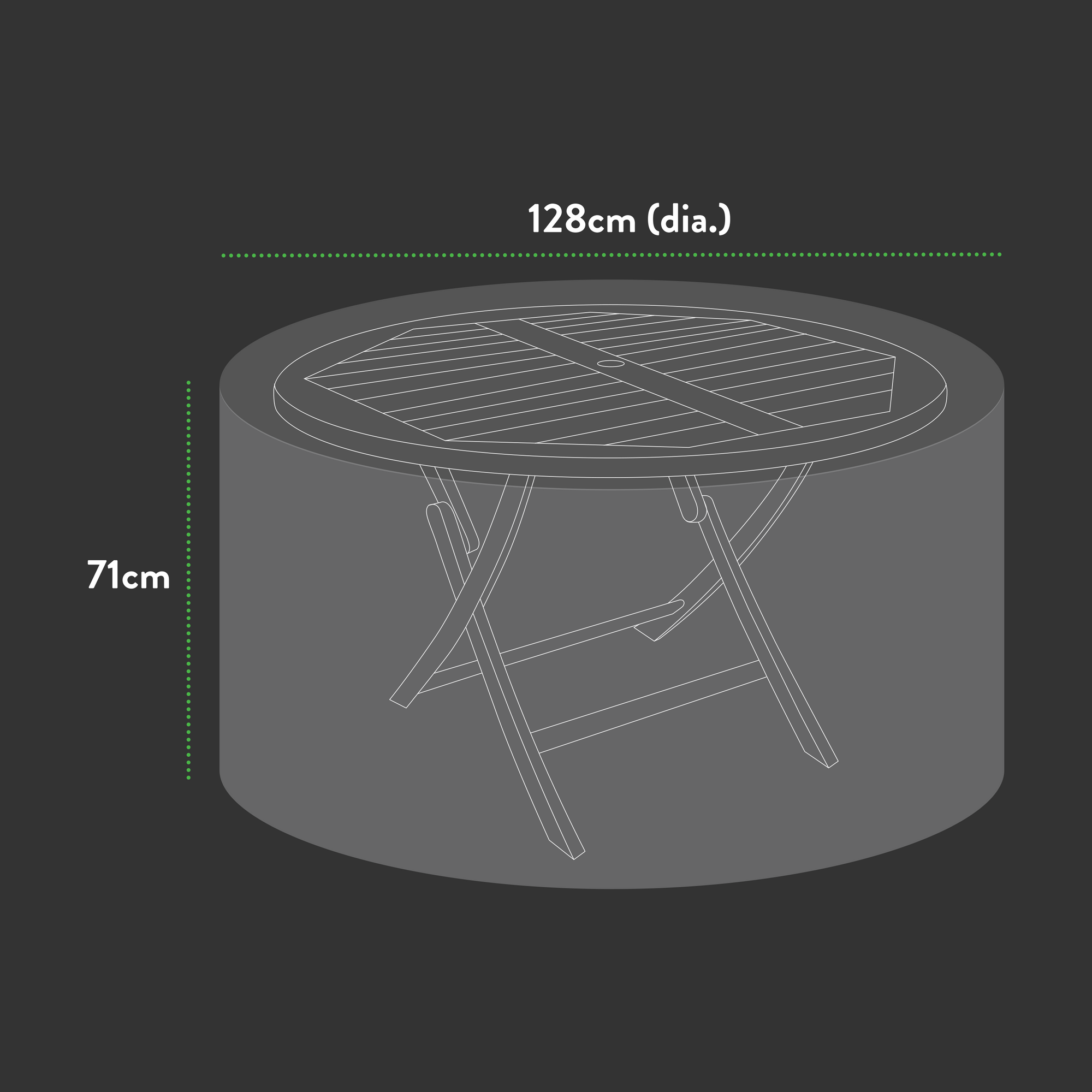 Illustration of a Premium 4-6 Seater Round table, featuring a diameter of 128 cm and height of 71 cm. The tabletop has a slatted design, with side view lines indicating the folded position of the legs. Perfect for use with UV-protected PVC outdoor furniture covers.