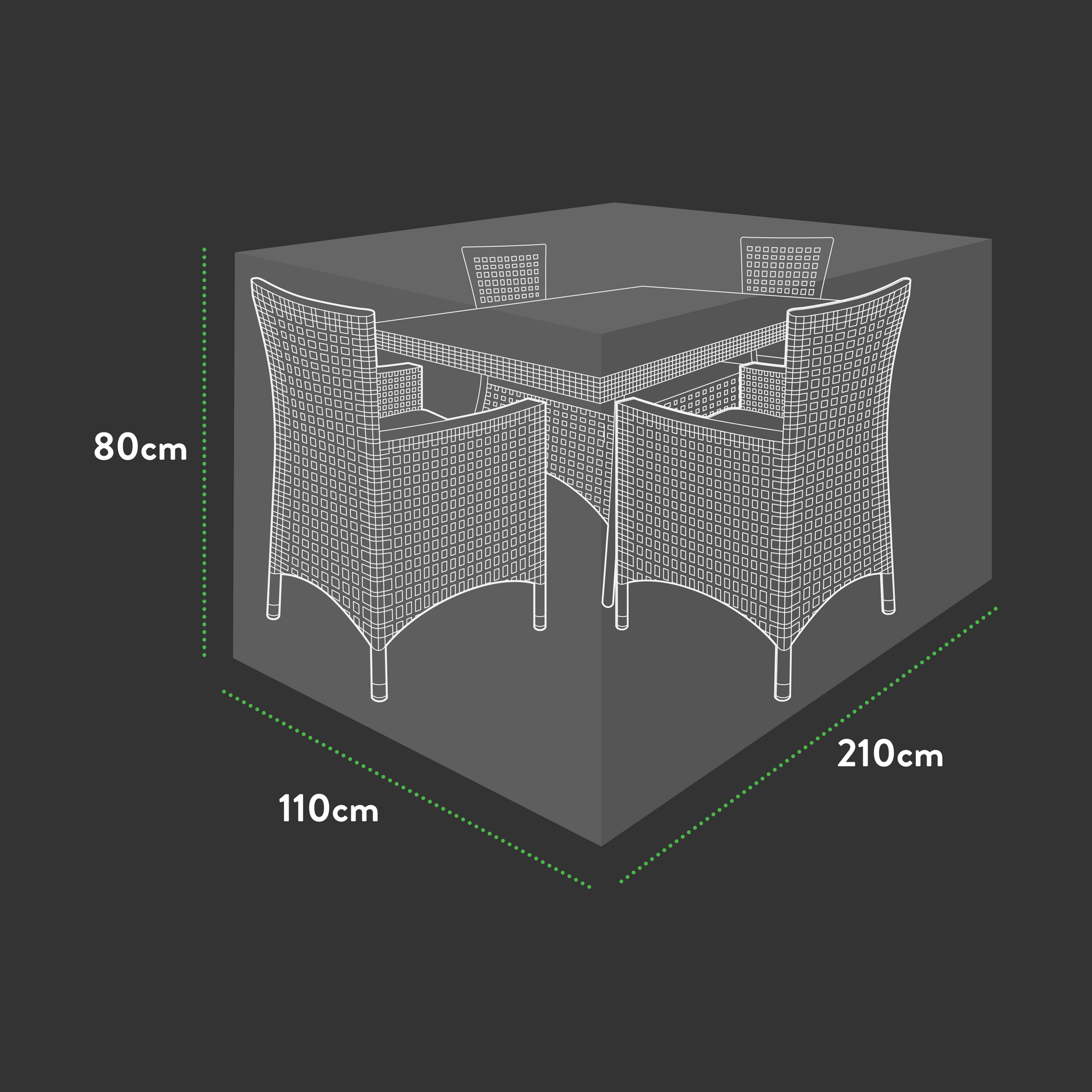 Illustration of the Premium Medium (4-6 seater) Rectangular Patio Set Cover—210 x 110 x 80 cm—depicting a cover over a rectangular table with four chairs on a dark background, perfect for showcasing outdoor furniture protection.