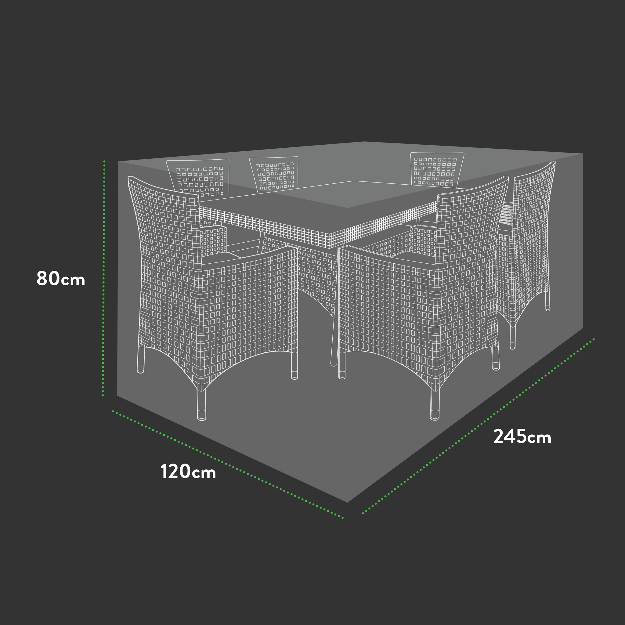 Wireframe of a rectangular dining set with six chairs, enclosed in a transparent Premium Large (6-8 seater) Rectangular Patio Set Cover, 245 x 120 x 80(H) cm, for outdoor furniture protection.
