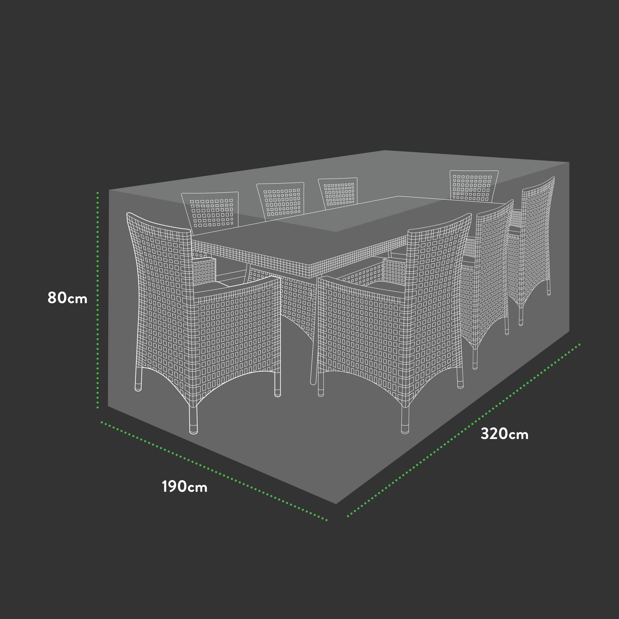 A 3D wireframe rendering of the Premium Extra Large (8-10 seater) Rectangular Patio Set Cover, showcasing a rectangular dining table surrounded by eight wicker-style chairs. The setup is UV-protected and spans 320 cm in length, 190 cm in width, and 80 cm in height. The entire design contrasts elegantly with a dark gray background.