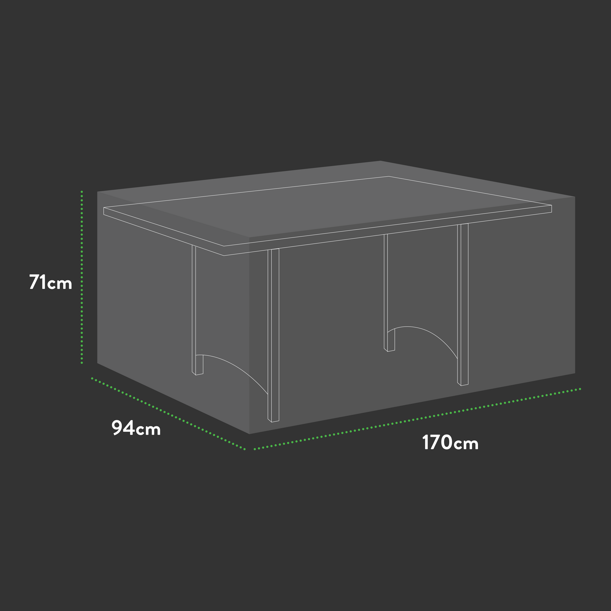 Illustration of a rectangular table measuring 170 cm (L) x 94 cm (W) x 71 cm (H) on a dark background with dashed green measurement lines, ideal for the Premium Rectangular 6-seater table cover offering waterproof protection.