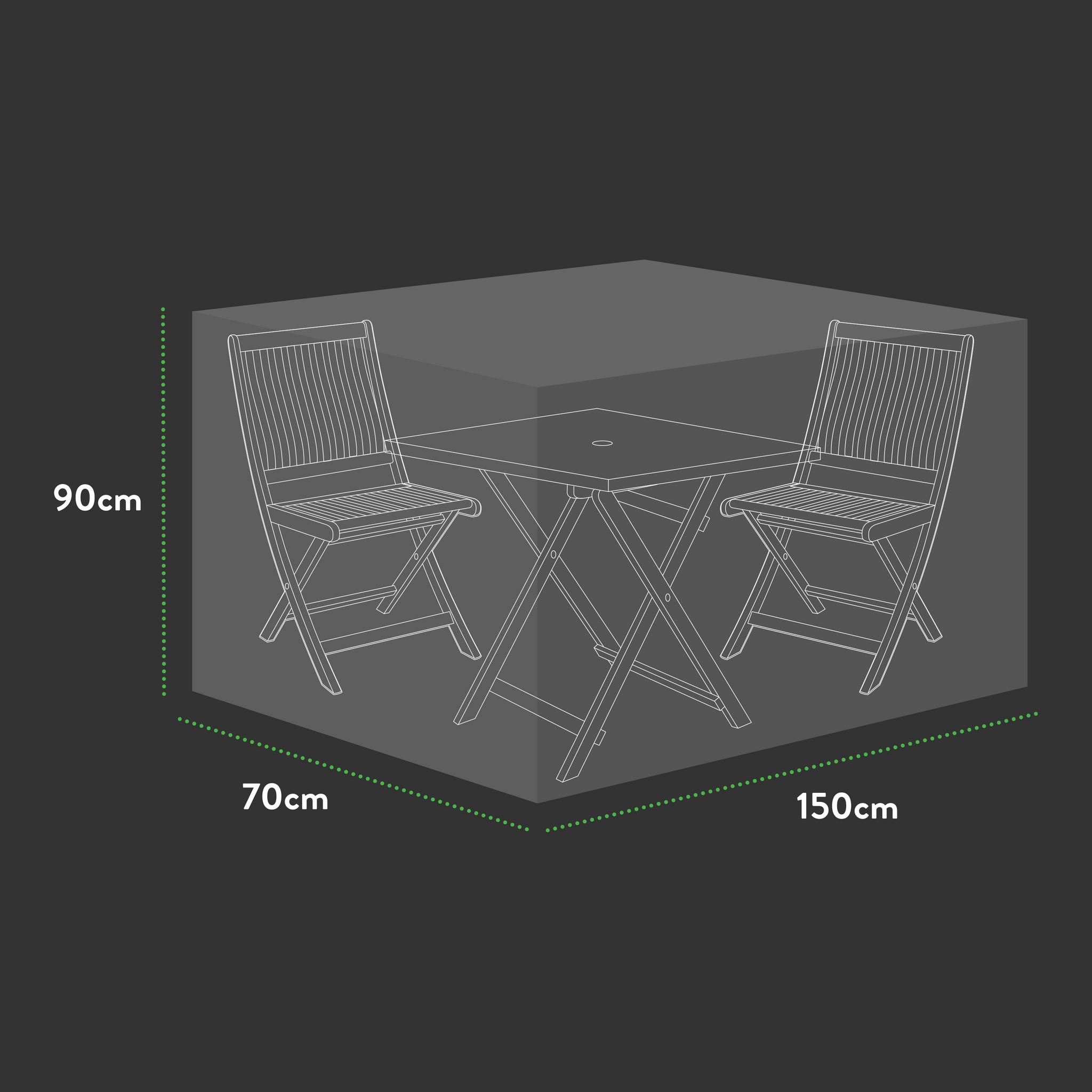 Line drawing of a bistro table and two chairs inside a clear box labeled 150 x 70 x 90 cm—ideal to display the Premium Square Bistro Set Cover, designed for waterproof outdoor furniture protection.