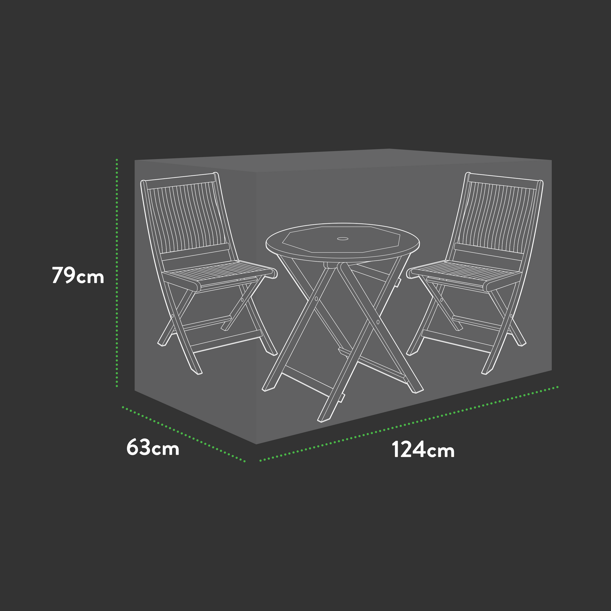 Line drawing of two folding chairs and a round table (124x63x79 cm) against a dark background with green dashed measurements, highlighting the fit of the Premium Bistro set cover-small—perfect for protecting your outdoor furniture.