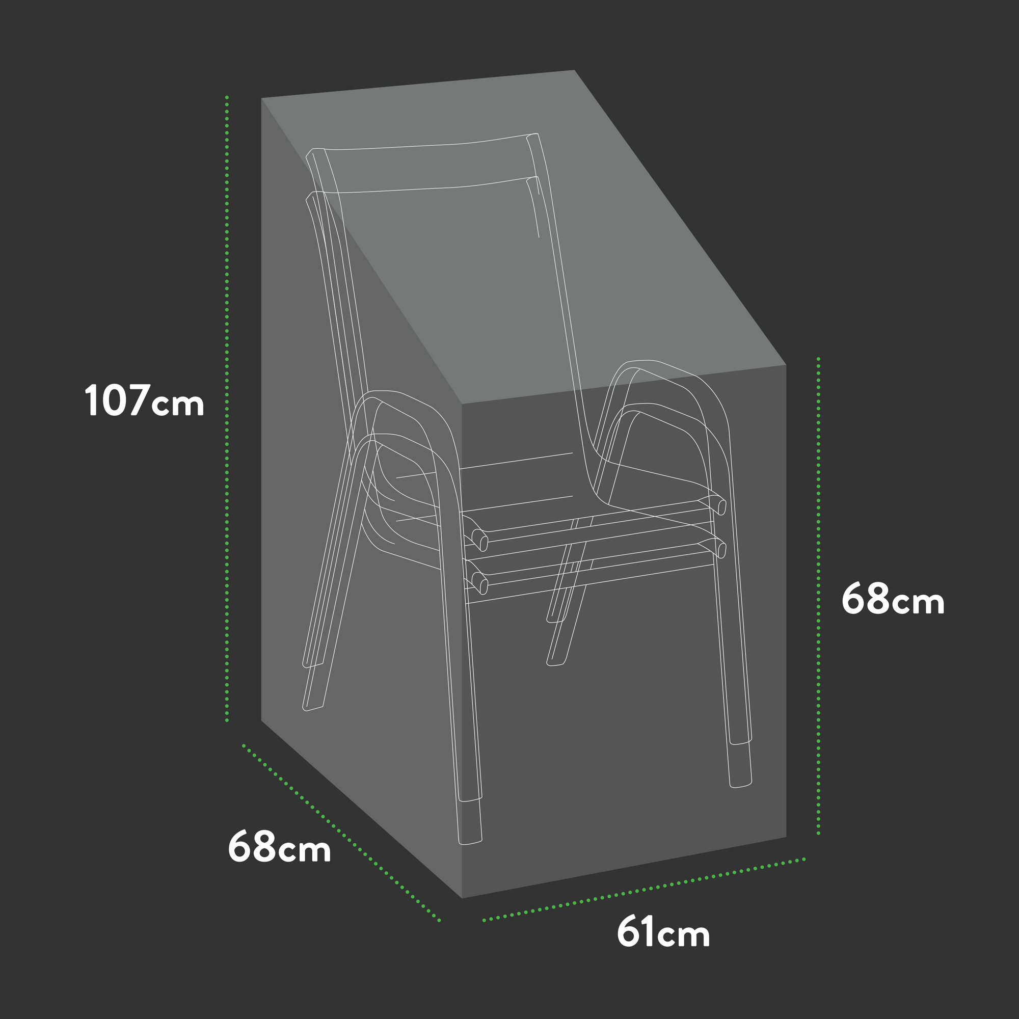 Illustration showing stacked chairs in a transparent, UV-protected PVC box. The box is labeled for outdoor use and has dimensions of 107cm height, 68cm depth, and 61cm width for optimal protection. Features dashed lines indicating measurements for its Premium Stacking Chair Cover - 61 x 68 x 68/107 (H) cm.