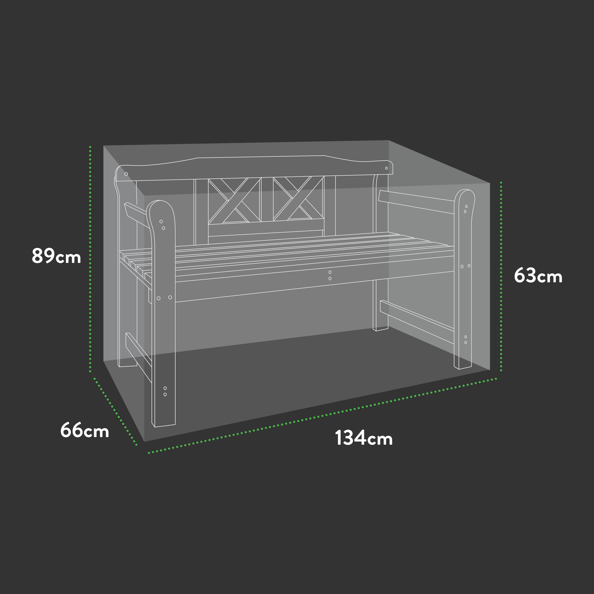 Diagram of a wooden bench featuring a backrest, armrests, and slatted seat. Dimensions: 134cm wide, 66cm deep, and height of 63/89cm. Ideal for protection using the Premium 1.2m (4ft) 2 Seater Bench Cover to ensure lasting durability outdoors.