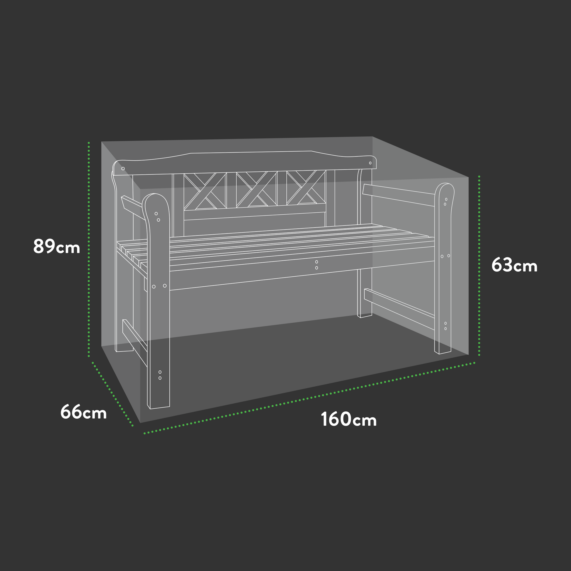 Diagram of a wooden bench with dimensions: 160cm width, 89cm height, 66cm depth, and 63cm armrest height. It features a decorative backrest and slatted seat. Use UV-protected Premium 1.5m (5ft) Bench Cover (160 x 66 x 63/89 cm) for waterproof outdoor protection.