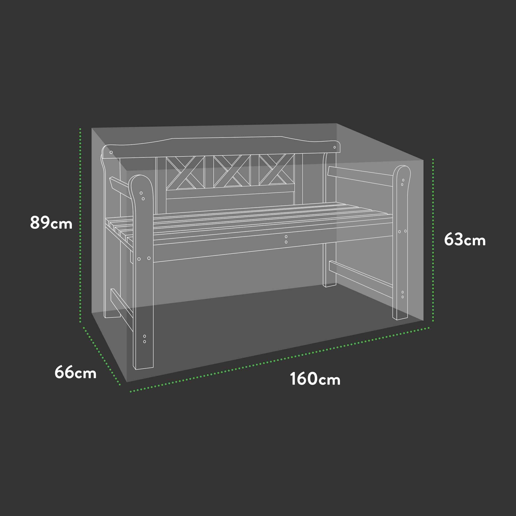 Diagram of a wooden bench with dimensions: 160cm width, 89cm height, 66cm depth, and 63cm armrest height. It features a decorative backrest and slatted seat. Use UV-protected Premium 1.5m (5ft) Bench Cover (160 x 66 x 63/89 cm) for waterproof outdoor protection.