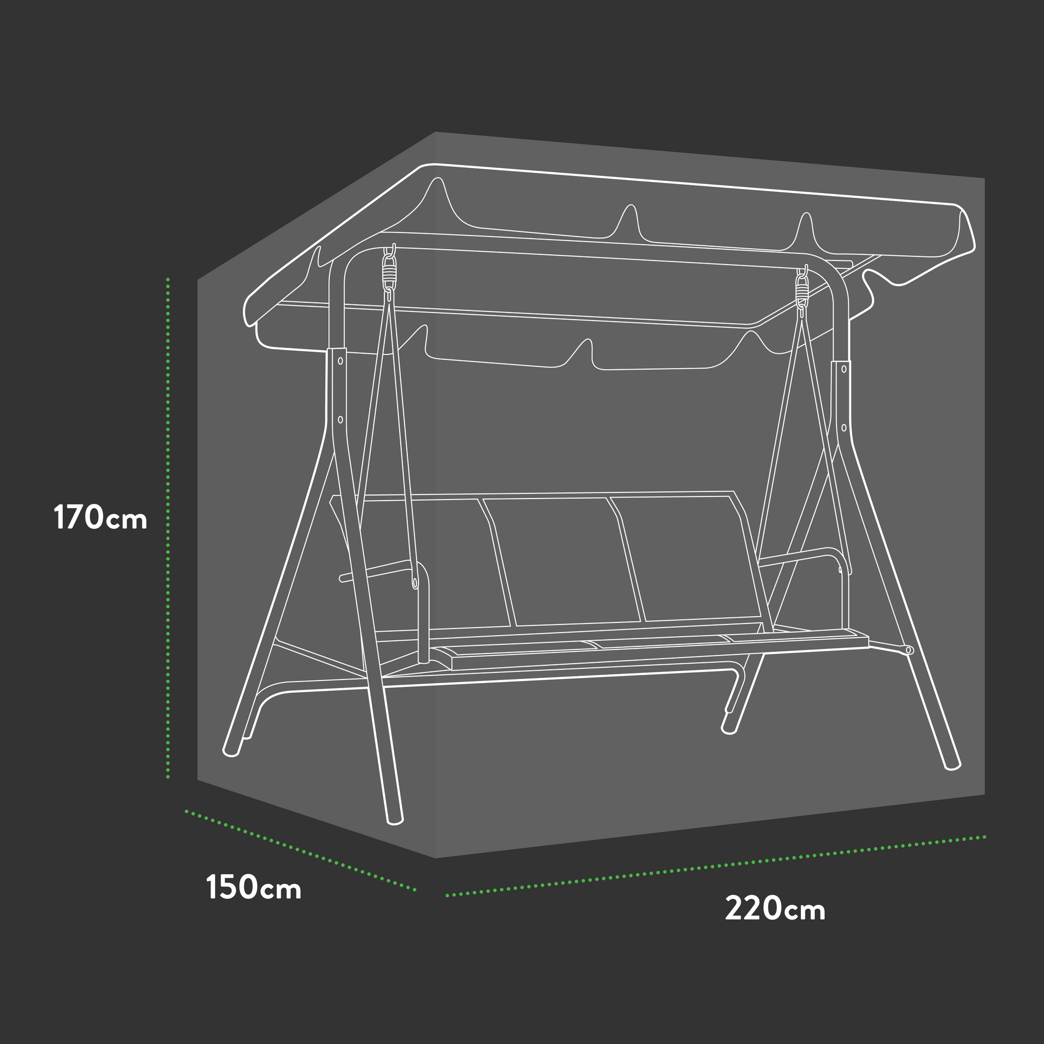 Line art of the Premium 3 Seater Hammock with a canopy. Dimensions: 220x150x170 cm. It includes a metal frame, seating area, and UV-protected PVC for waterproofing, set against a dark background.