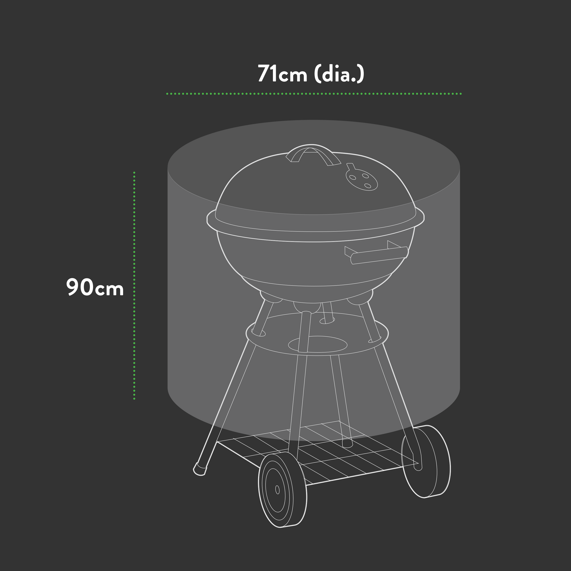 Diagram of a BBQ grill featuring a UV-protected PVC cover. This Premium Kettle Barbecue has dimensions of 71cm in diameter and 90cm in height. It includes a round lid, cooking grates, waterproof protection, and is on a wheeled stand for easy mobility.