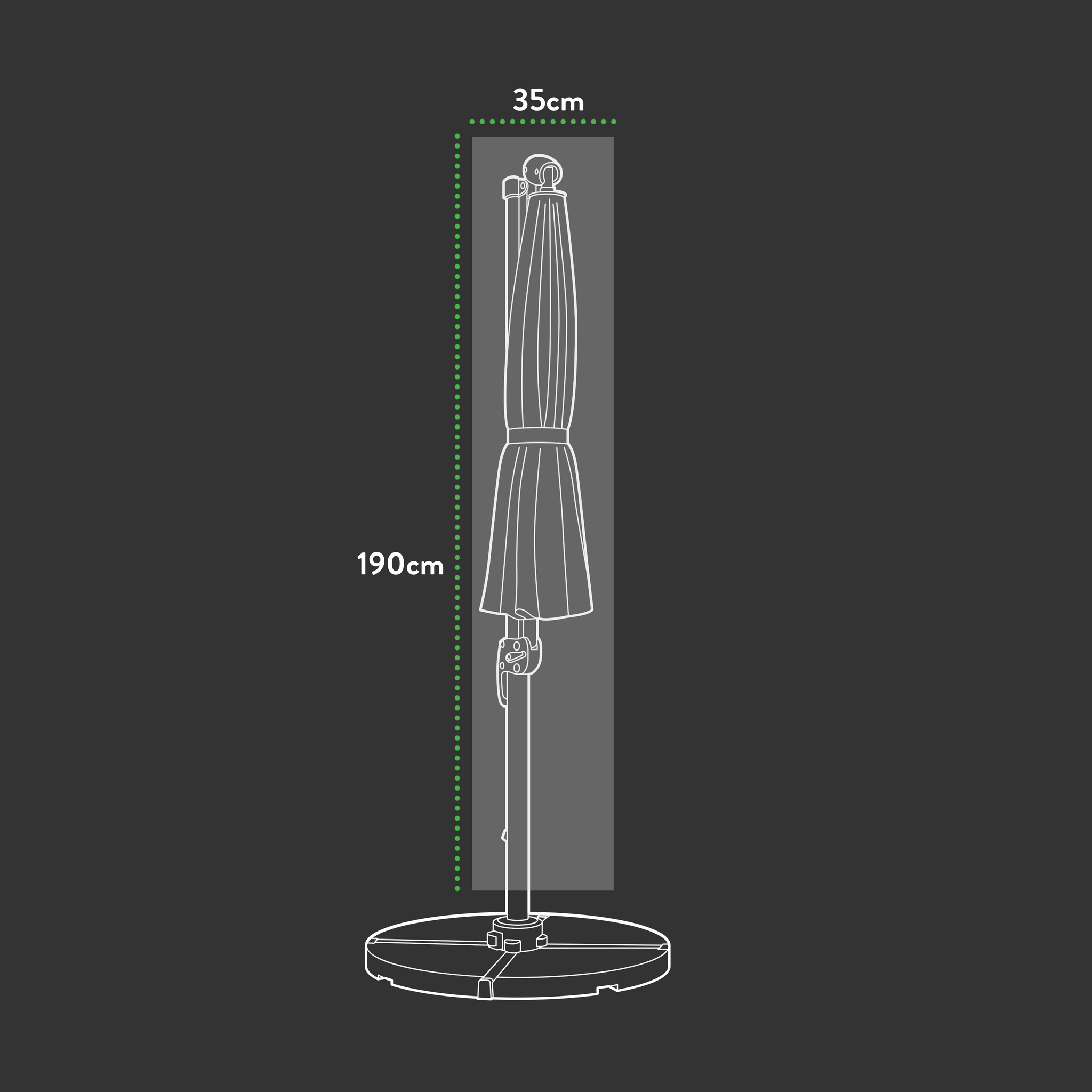 A line drawing of the Premium Giant Parasol Cover, 35 cm wide and 190 cm tall, shows it on a stand against a dark background. Green lines and white text highlight dimensions, ensuring precision in every UV-protected PVC layer for outdoor furniture protection.
