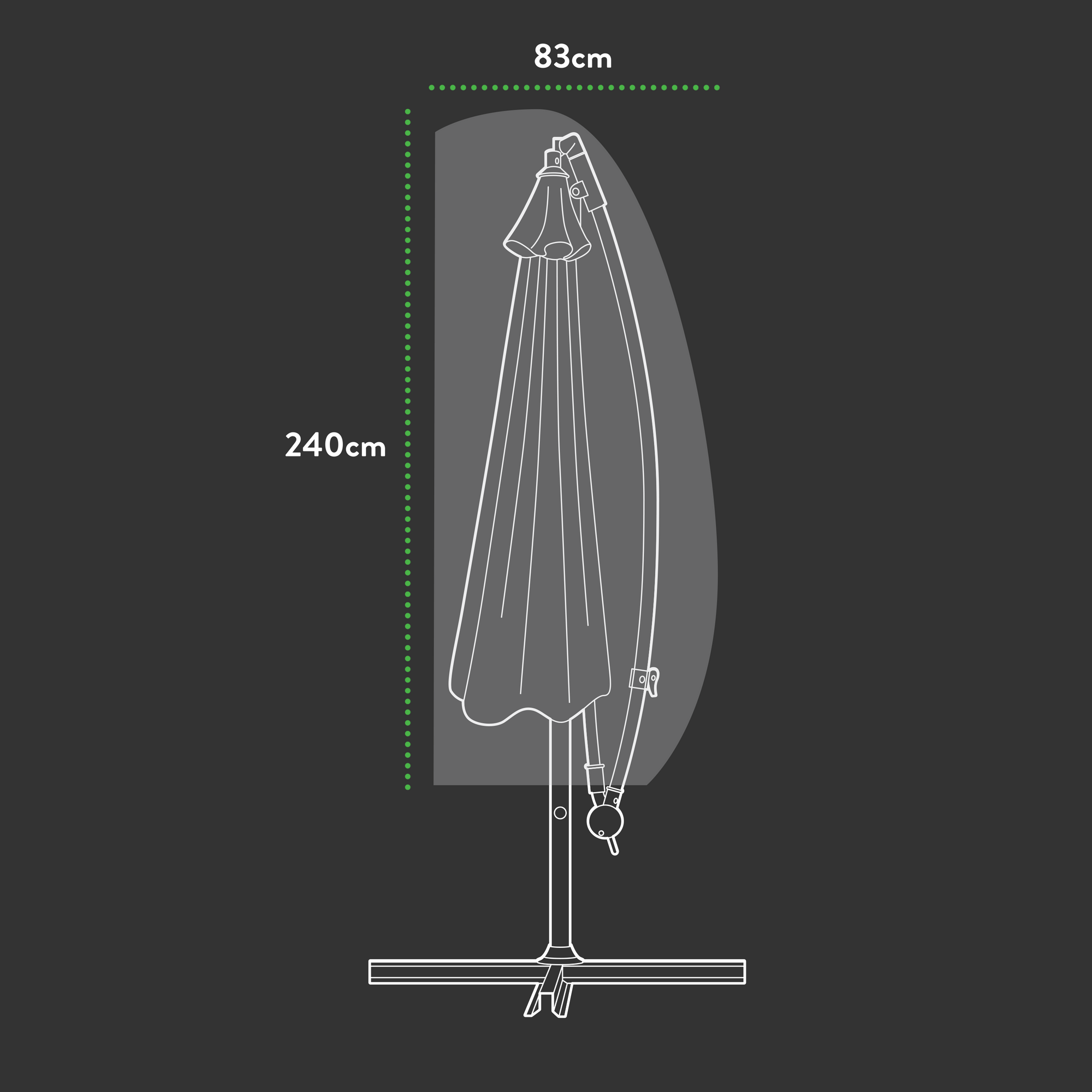 Illustration of the Premium Cantilever Parasol Cover on a stand, highlighting its waterproof protection. It measures 240 cm in height and 83 cm in width, set against a dark background with white and green dimension lines, ideal for enhancing garden furniture covers.
