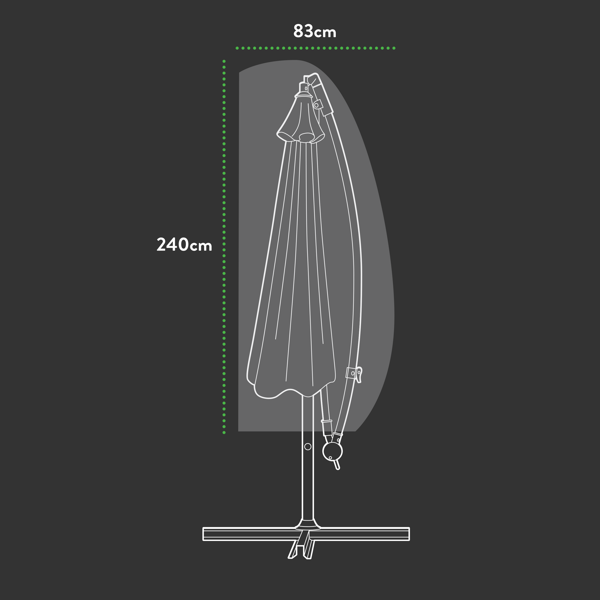 Illustration of the Premium Cantilever Parasol Cover on a stand, highlighting its waterproof protection. It measures 240 cm in height and 83 cm in width, set against a dark background with white and green dimension lines, ideal for enhancing garden furniture covers.