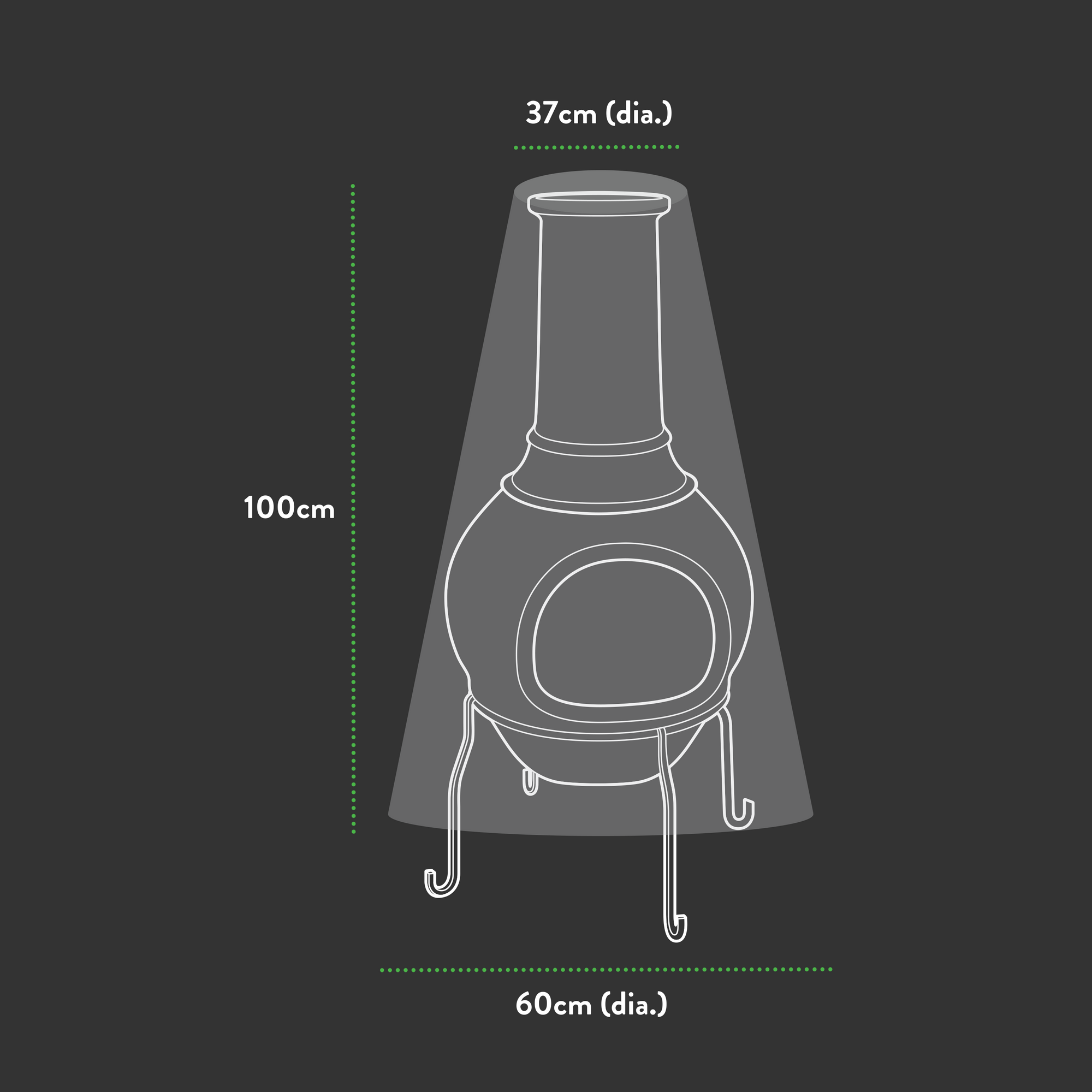 Depicted is a chiminea illustration with dimensions on a dark background. At 100cm tall, it boasts a wide base and rounded body. Built to last, it pairs well with the Premium Chiminea Cover - 37/60 (Dia.) X 100 (H) cm for waterproof protection from the elements.
