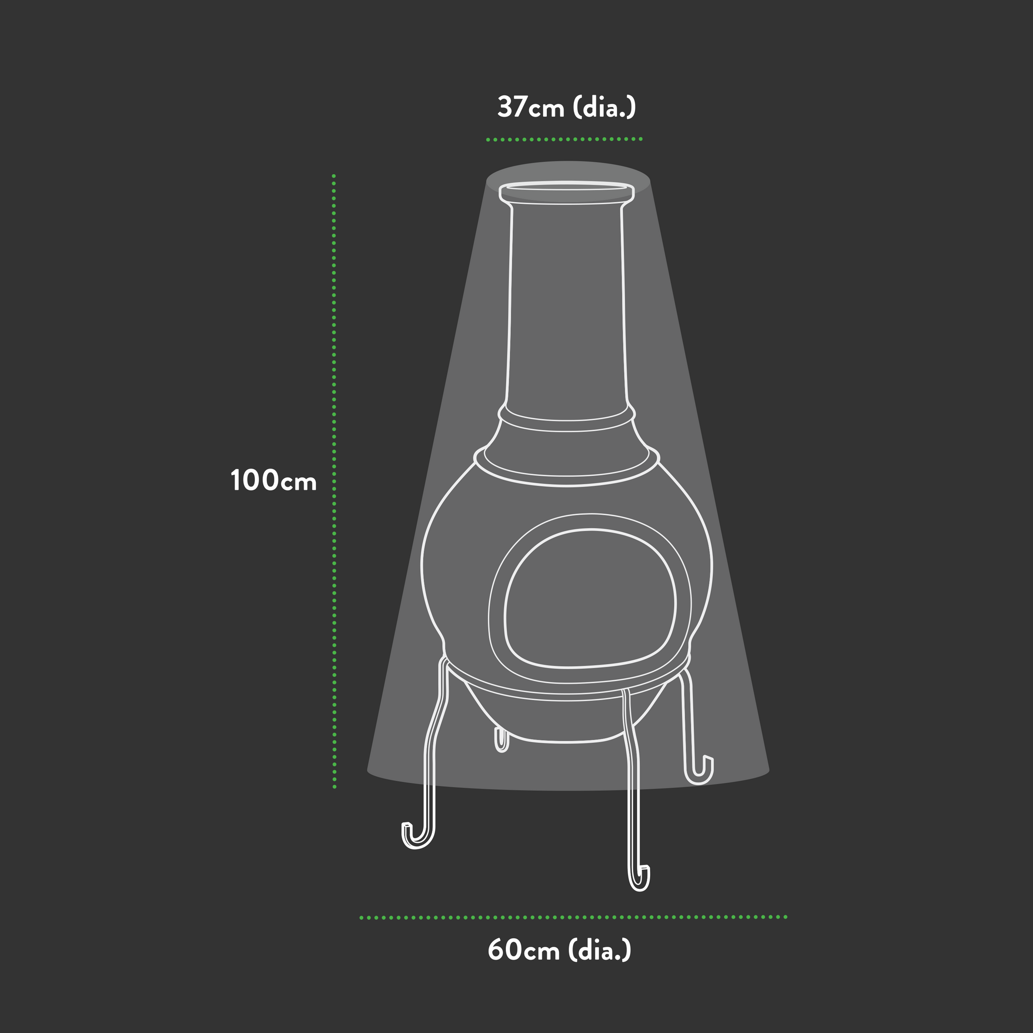 Depicted is a chiminea illustration with dimensions on a dark background. At 100cm tall, it boasts a wide base and rounded body. Built to last, it pairs well with the Premium Chiminea Cover - 37/60 (Dia.) X 100 (H) cm for waterproof protection from the elements.
