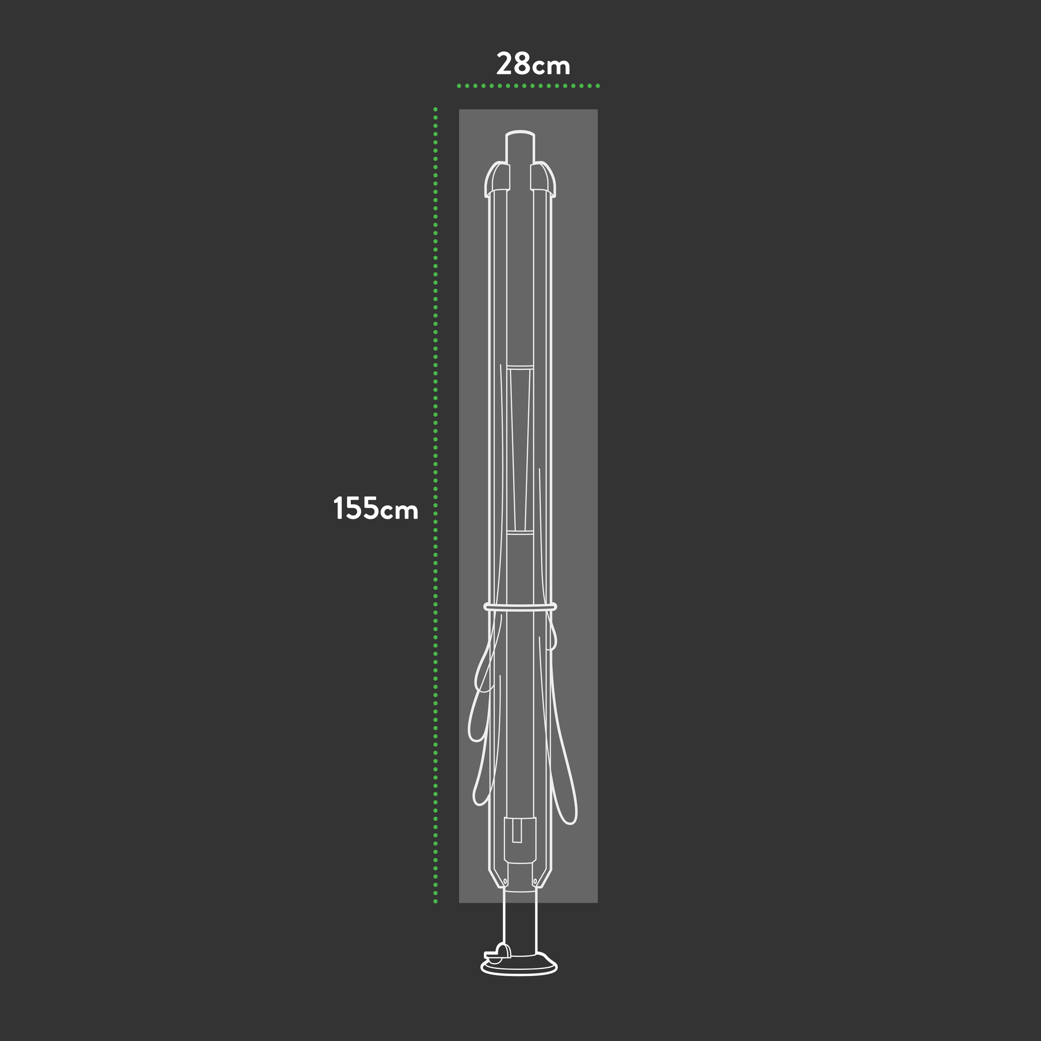 Illustration of a closed Premium Rotary Line Cover standing upright, showcasing dimensions. Height is 155cm and width is 28cm, with white lines and measurements on a dark background. Made of UV-protected PVC for enhanced waterproof protection.