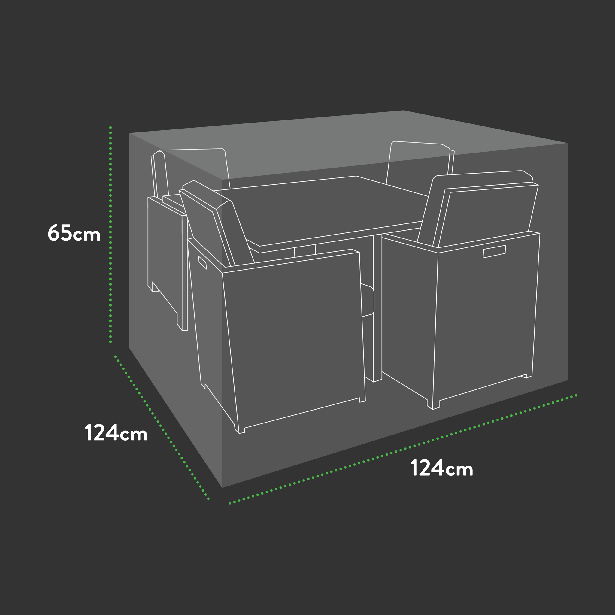 Diagram of the Premium Modular 4 Seater Cube Set Cover Large (124cm x 124cm x 65cm) showing a square table with four chairs neatly tucked under it for compact storage, all on a dark background with UV-protected PVC covers.