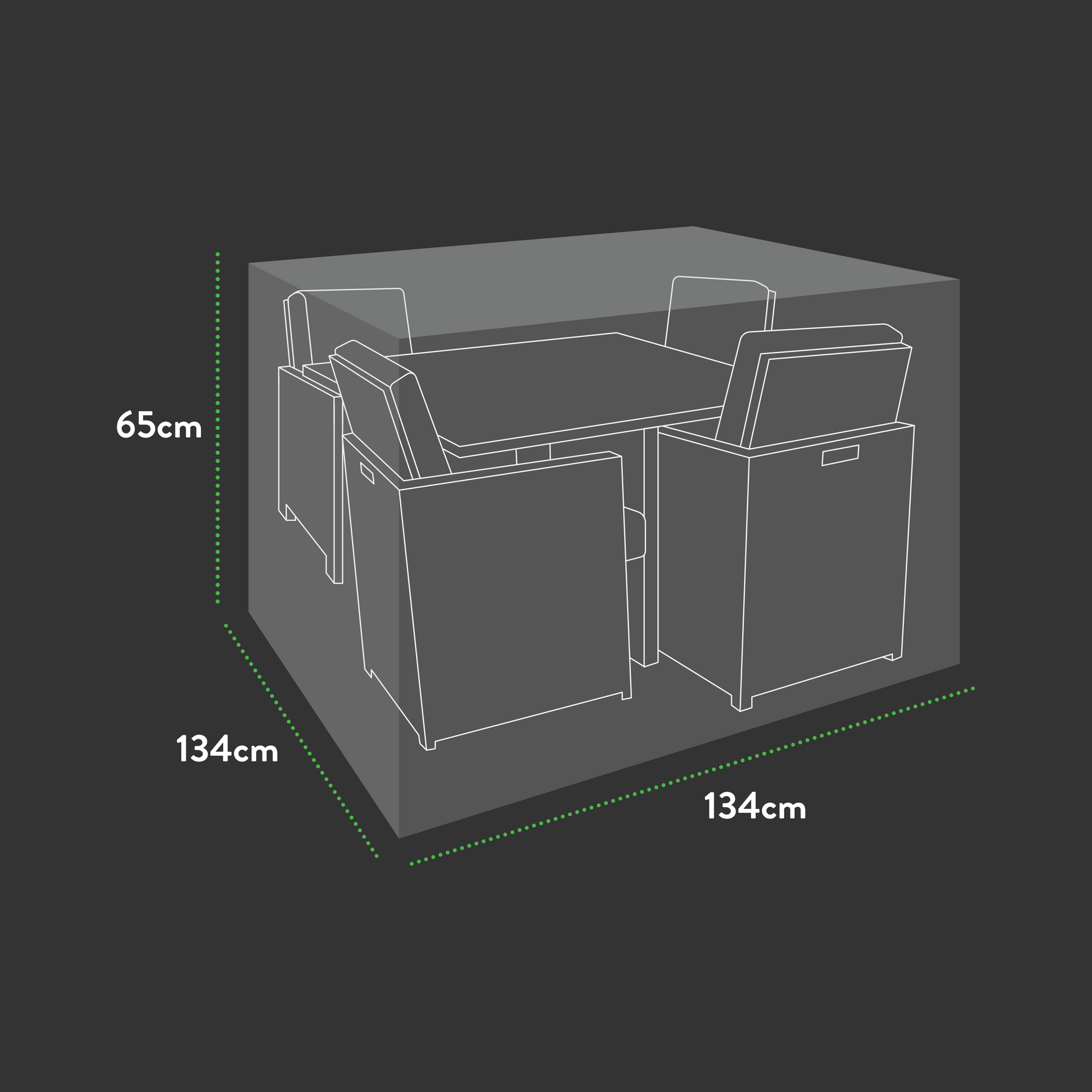 Depicted is the Premium Modular 4 Seater Cube Set Cover XL, snugly accommodating a square dining set with four chairs in a rectangular gray box. It features UV-protected PVC and measures 134 cm by 134 cm by 65 cm, ideal for outdoor furniture protection against a dark backdrop.