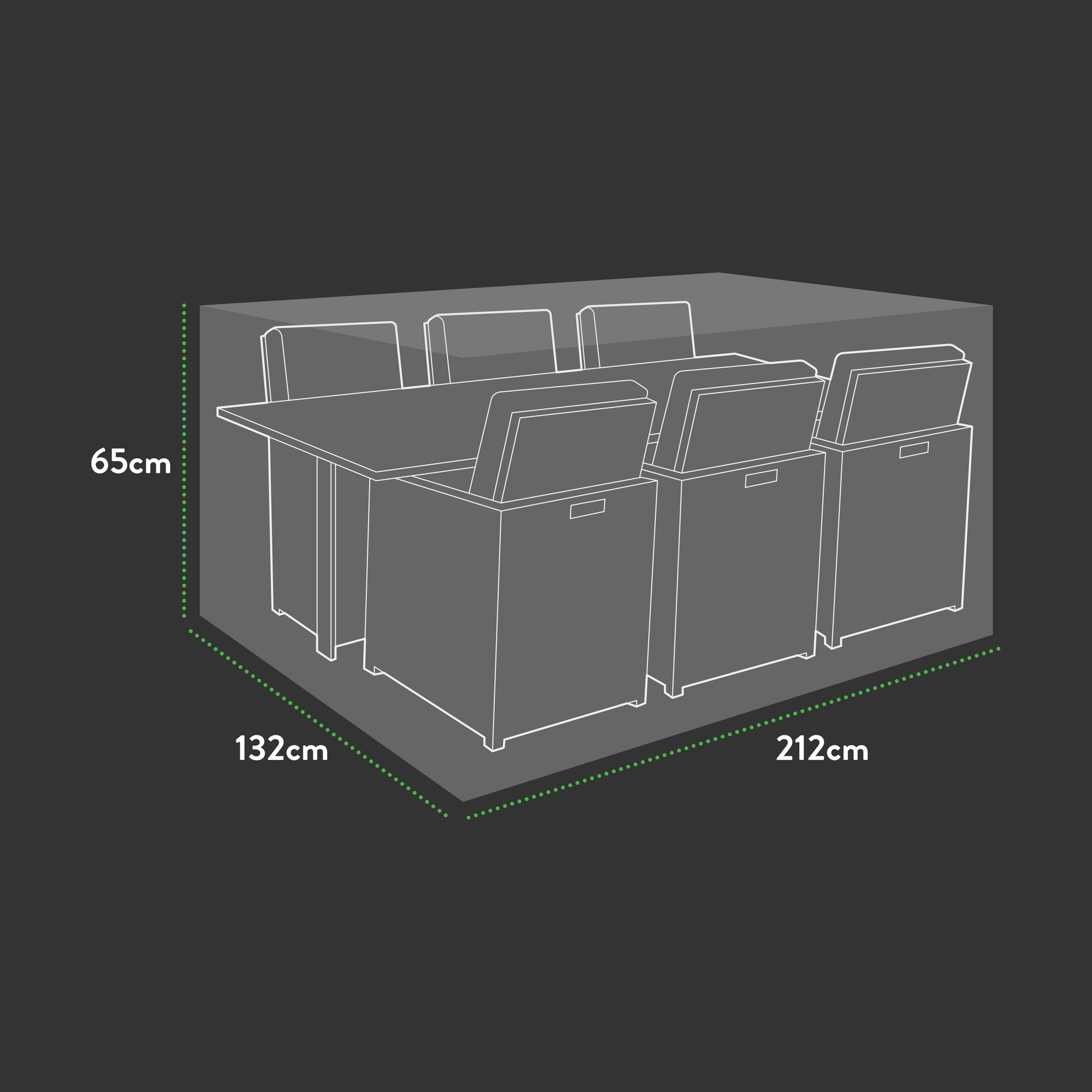 Outline drawing of six chairs around a rectangular table, all enclosed in the Premium Modular 6 Seater Rectangular Cube Set Cover (212 x 132 x 65 cm), featuring transparent UV-protected material with labeled dimensions.