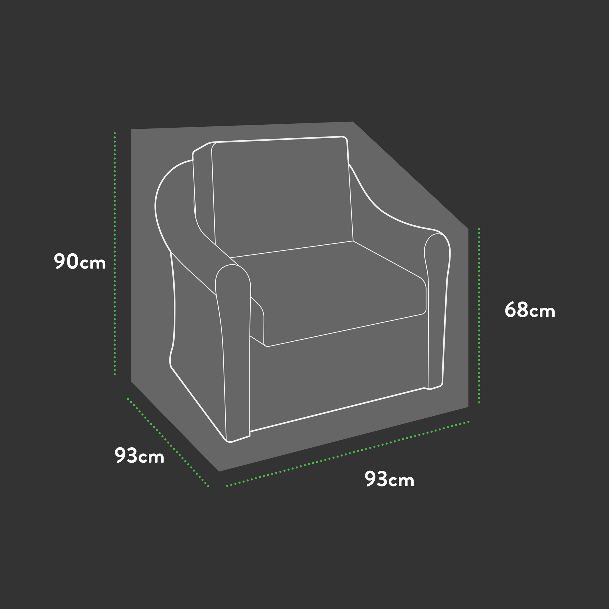 The Premium Modular Armchair Cover (93 x 93 x 68/90 H) perfectly complements an armchair with dimensions of height 90 cm, width 93 cm, and depth 93 cm. Outlined in white on a dark background, it suggests durability and elegance while offering added waterproof protection.