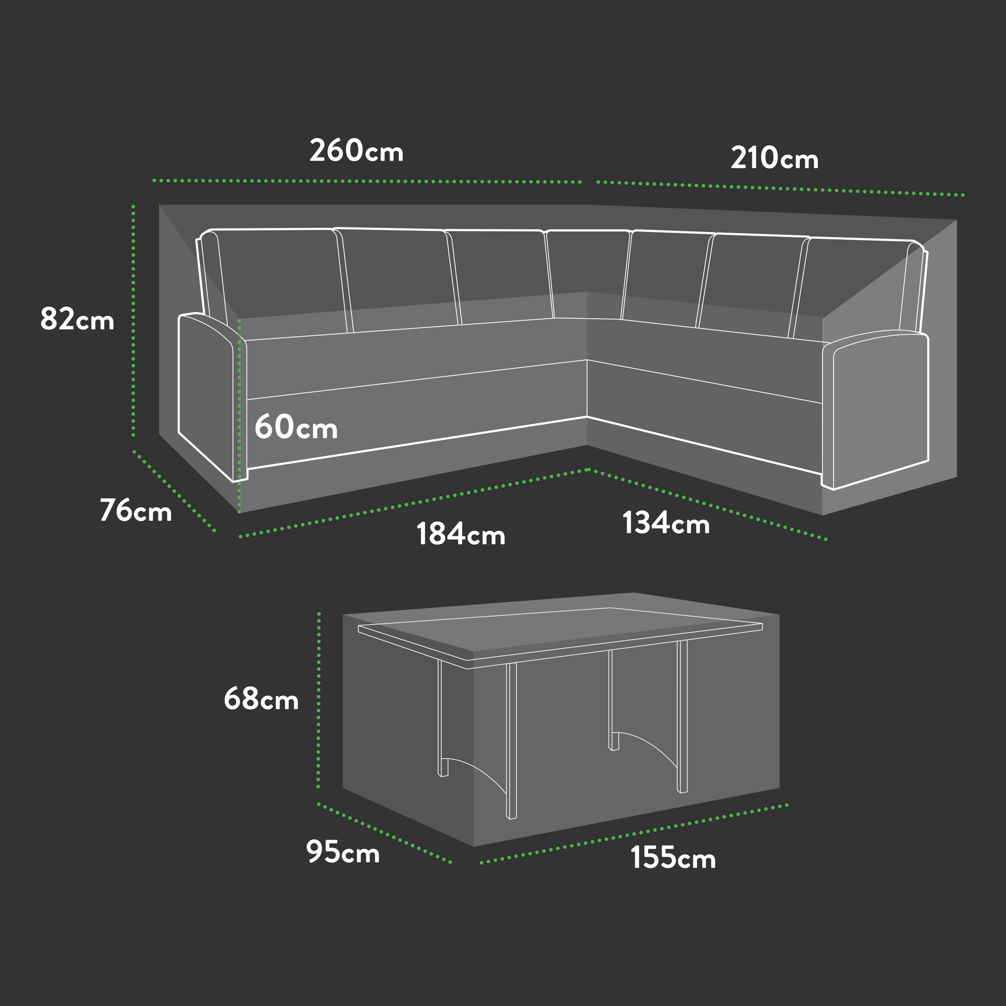 A diagram features a Premium Modular Medium L Shaped Dining Cover and table with dimensions. The sleek design includes UV-protected PVC for durability. Sofa: 260x210 cm; back height: 82 cm; depth: 76 cm. Table: 155x95 cm; height: 68 cm, perfect for stylish setups on a dark backdrop.