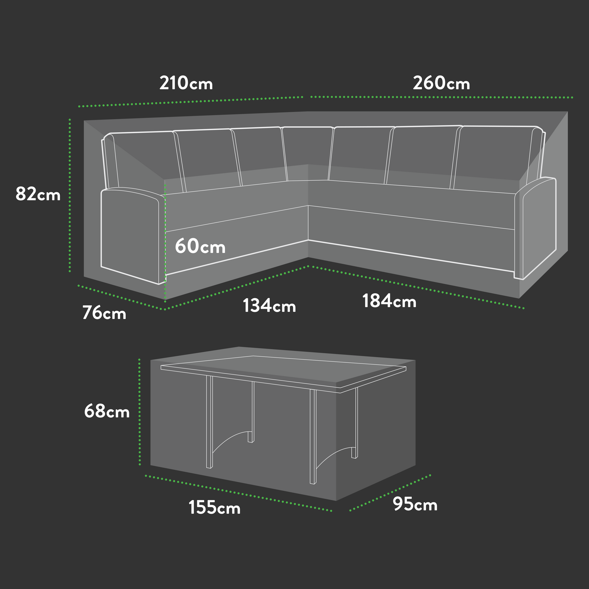 Outline drawing of the Premium Modular Medium L Shaped Dining Cover (right side long) and a 155x95x68H table with measurements. White lines on dark background—ideal for planning or selecting a UV-protected cover to fit your outdoor setup.