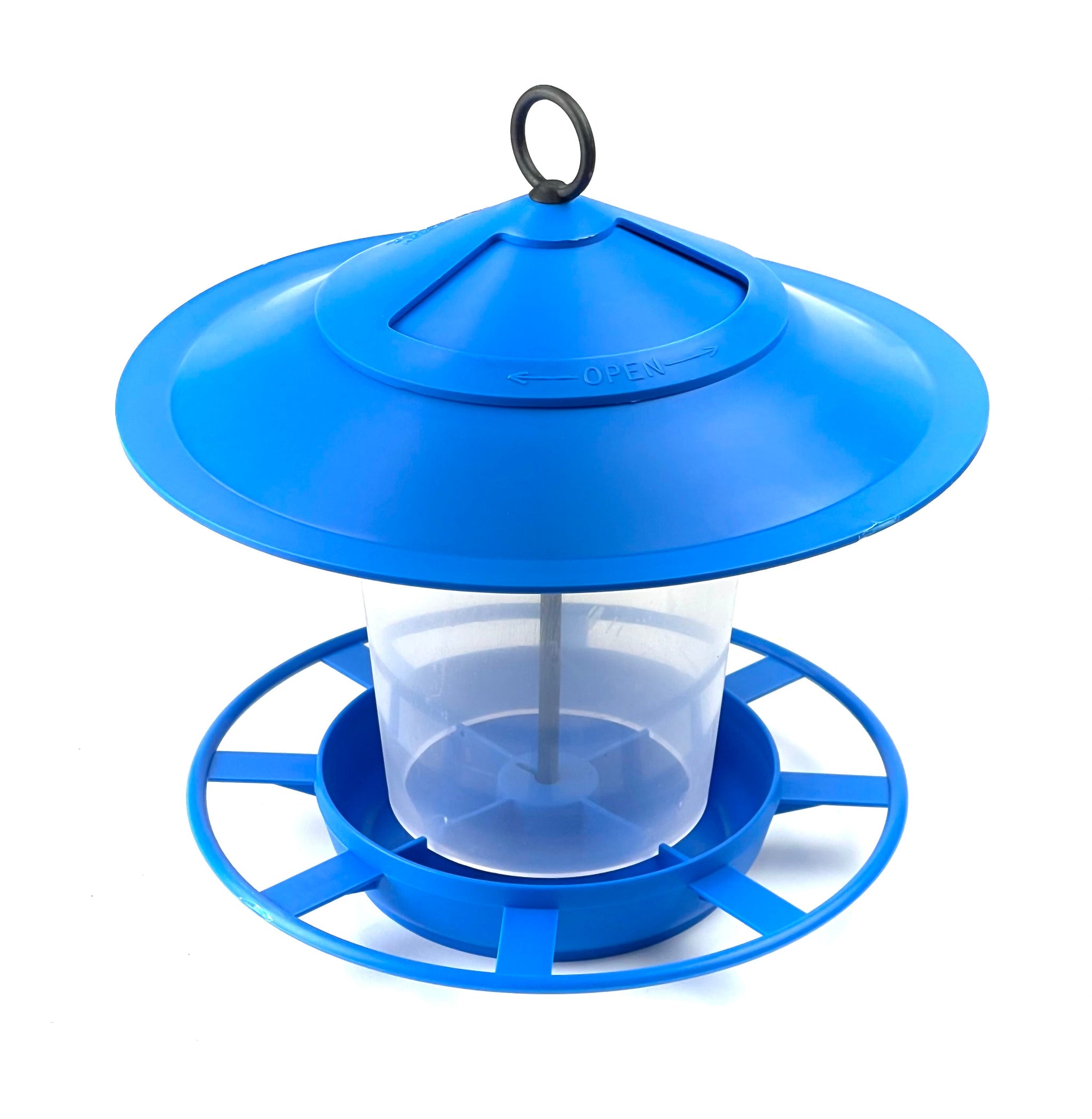 A vibrant blue Etree Bird Feeder Lantern - Easy to Clean Prevent Disease & Protect Wildlife, featuring a large, conical roof and an attached hanging loop. The feeder includes a transparent cylindrical reservoir for birdseed and a circular base with several small perches for birds. The top section is marked with an arrow and the word "OPEN" to facilitate easy access, promoting a hygienic feeding environment.