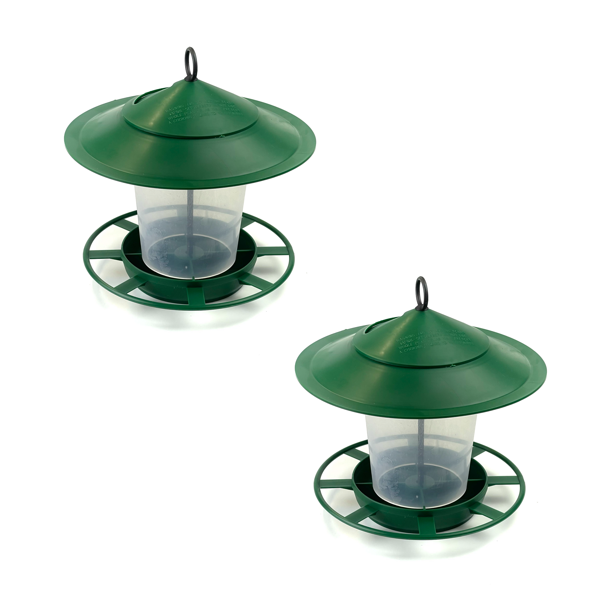 Two identical dark green Etree Bird Feeder Lanterns - Easy to Clean Prevent Disease & Protect Wildlife with round roofs and circular trays are shown. Each feeder features a translucent central reservoir for bird seed and a metal ring on top for hanging, ensuring a hygienic feeding environment. They are placed against a white background, ideal bird feeding accessories.