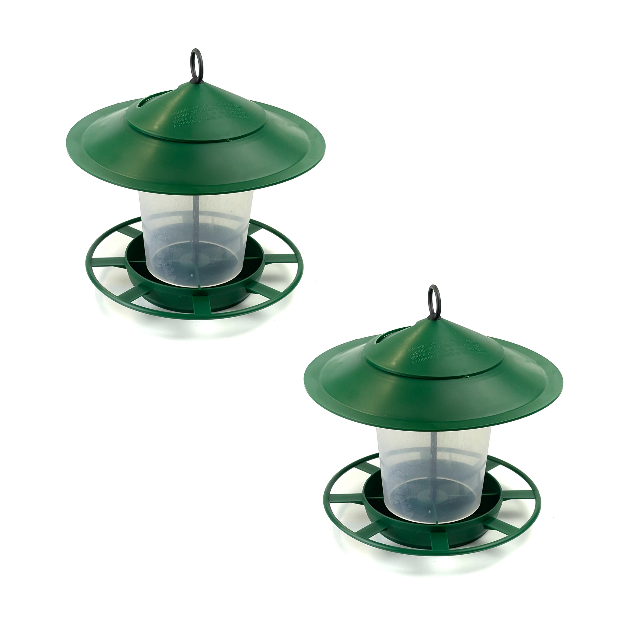 Two identical dark green Etree Bird Feeder Lanterns - Easy to Clean Prevent Disease & Protect Wildlife with round roofs and circular trays are shown. Each feeder features a translucent central reservoir for bird seed and a metal ring on top for hanging, ensuring a hygienic feeding environment. They are placed against a white background, ideal bird feeding accessories.