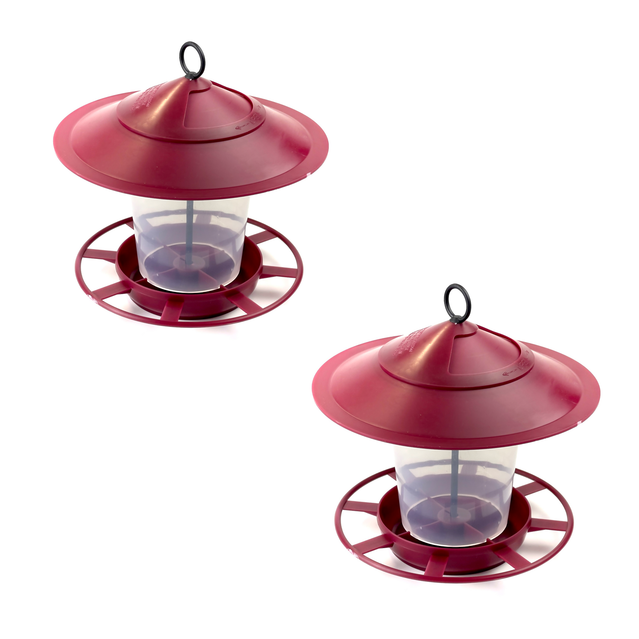 Two Florentine Red Etree Bird Feeder Lanterns come with conical roofs and circular bases featuring several perching spots. Each feeder includes a clear cylindrical container at the center for holding birdseed, promoting a hygienic feeding environment. Perfect as stylish and practical bird feeding accessories, pictured against a plain white background.