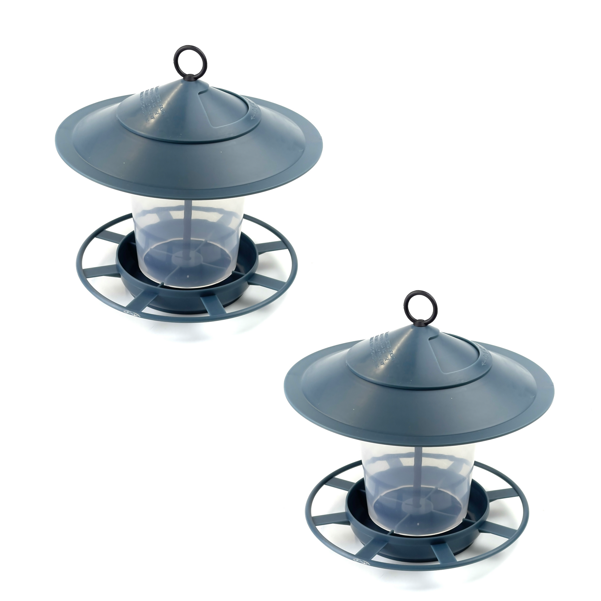 Two identical bird feeders from our Etree Bird Feeder Lanterns collection, finished in Midnight Teal Blue, feature a cylindrical body and a conical roof. Each feeder includes a circular perch for convenient bird access and is suspended by a loop at the top, ensuring both functionality and a hygienic feeding environment. The background is white.