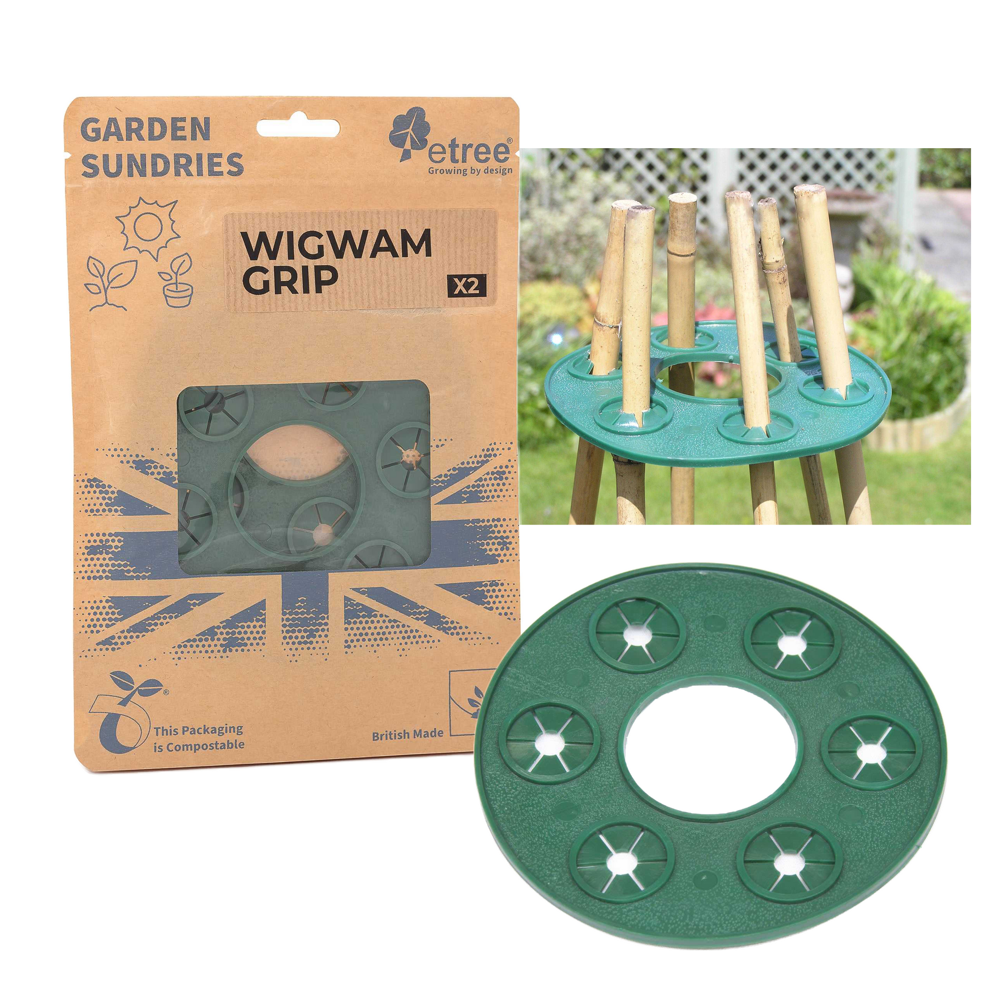 Product image displaying "Wigwam Grips" gardening tool by etree. The packaging is labeled "GARDEN SUNDRIES" and includes two green circular grips with star-shaped holes. Another image showcases the grips in use as plant supports around bamboo stakes in a garden setting.