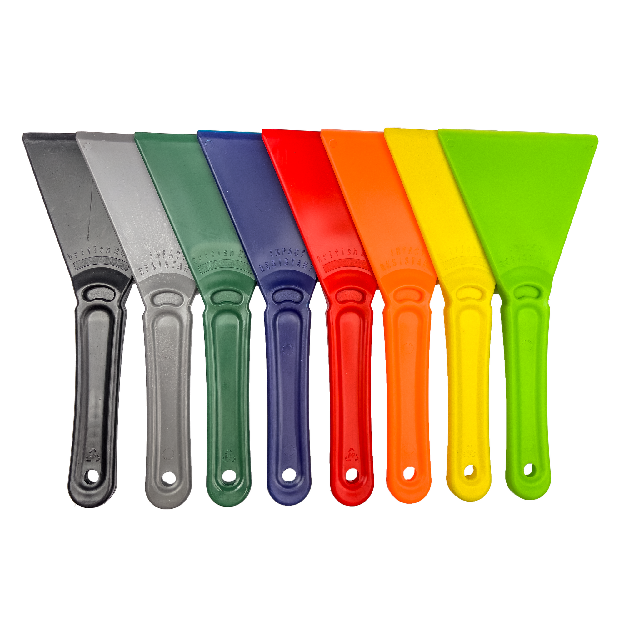 A row of eight Essential Car Windscreen Ice Scrapers in various colors, displayed from left to right: black, gray, green, blue, red, orange, yellow, and bright green. Made from durable materials for effective frost and ice removal, these scrapers feature wide flat blades and handles with a hole for hanging.