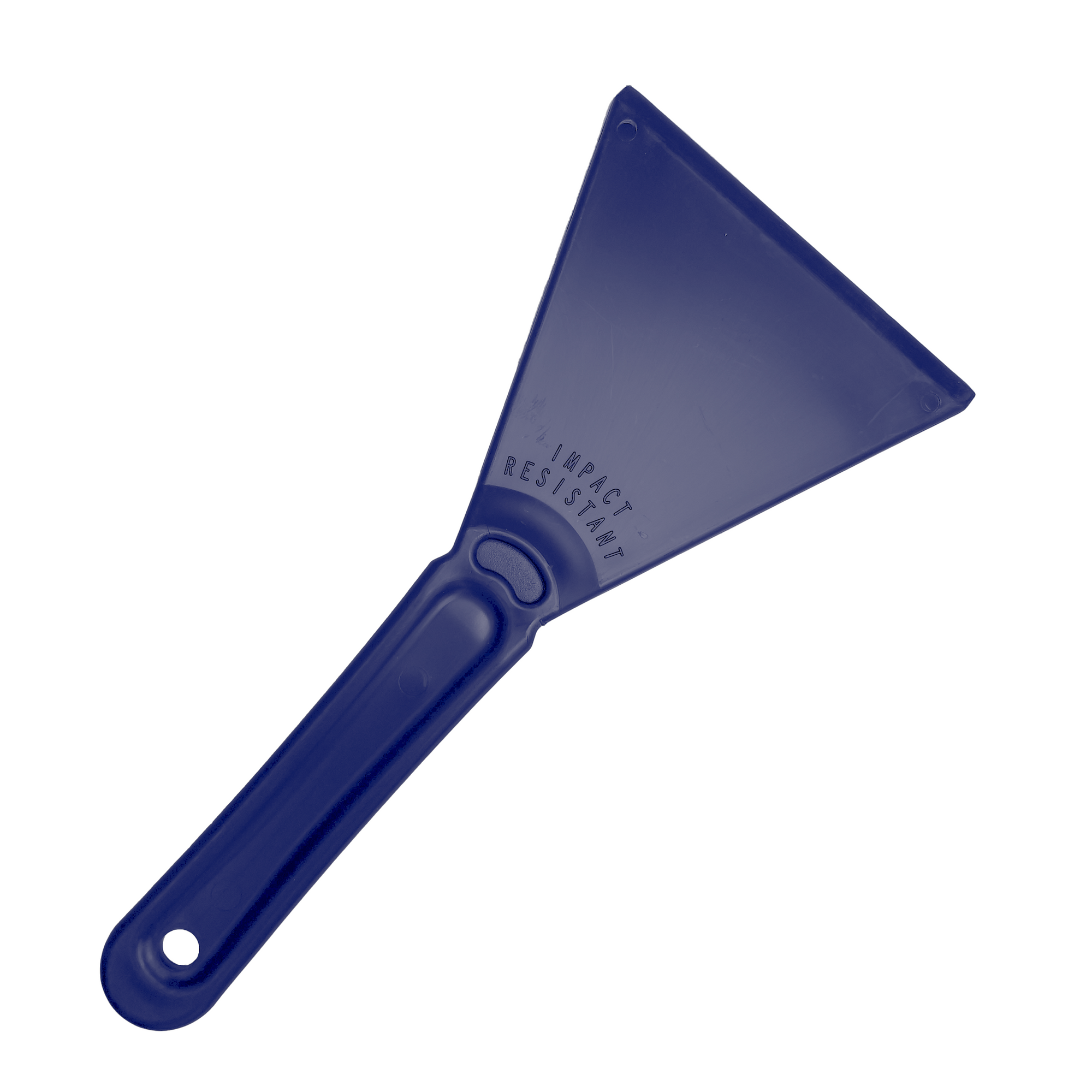A blue Essential Car Windscreen Ice Scraper with a wide, flat blade and a hole at the end of the handle. The handle, made from durable materials, has "IMPACT RESISTANT" engraved on it. This tool is commonly used for scraping surfaces like glass or removing stickers and frost and ice removal.