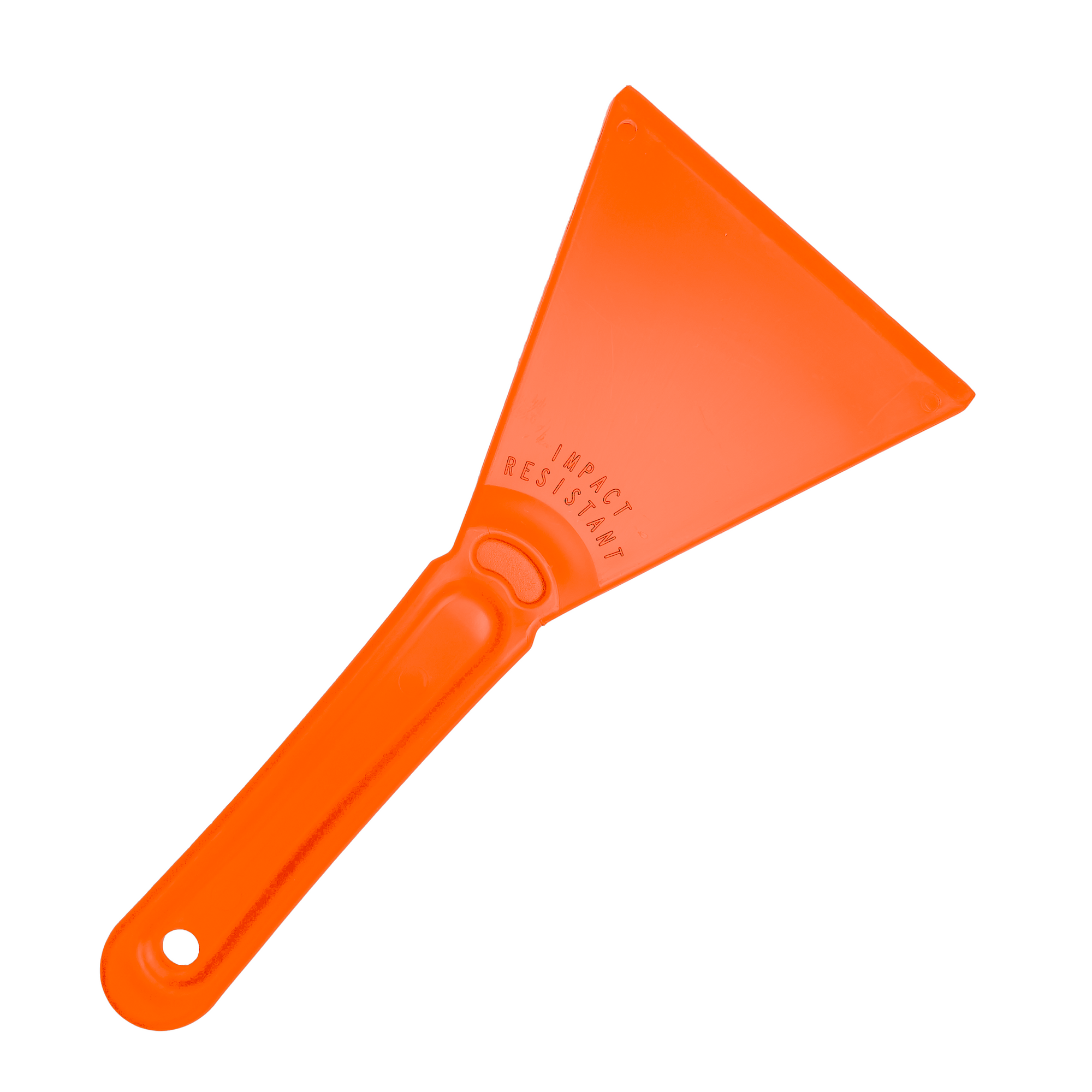 An Essential Car Windscreen Ice Scraper, this orange plastic tool features a flat, wide triangular blade made from durable materials and a handle with a hole for hanging. The words "IMPACT RESISTANT" are embossed on the blade near the handle, perfect for frost and ice removal.