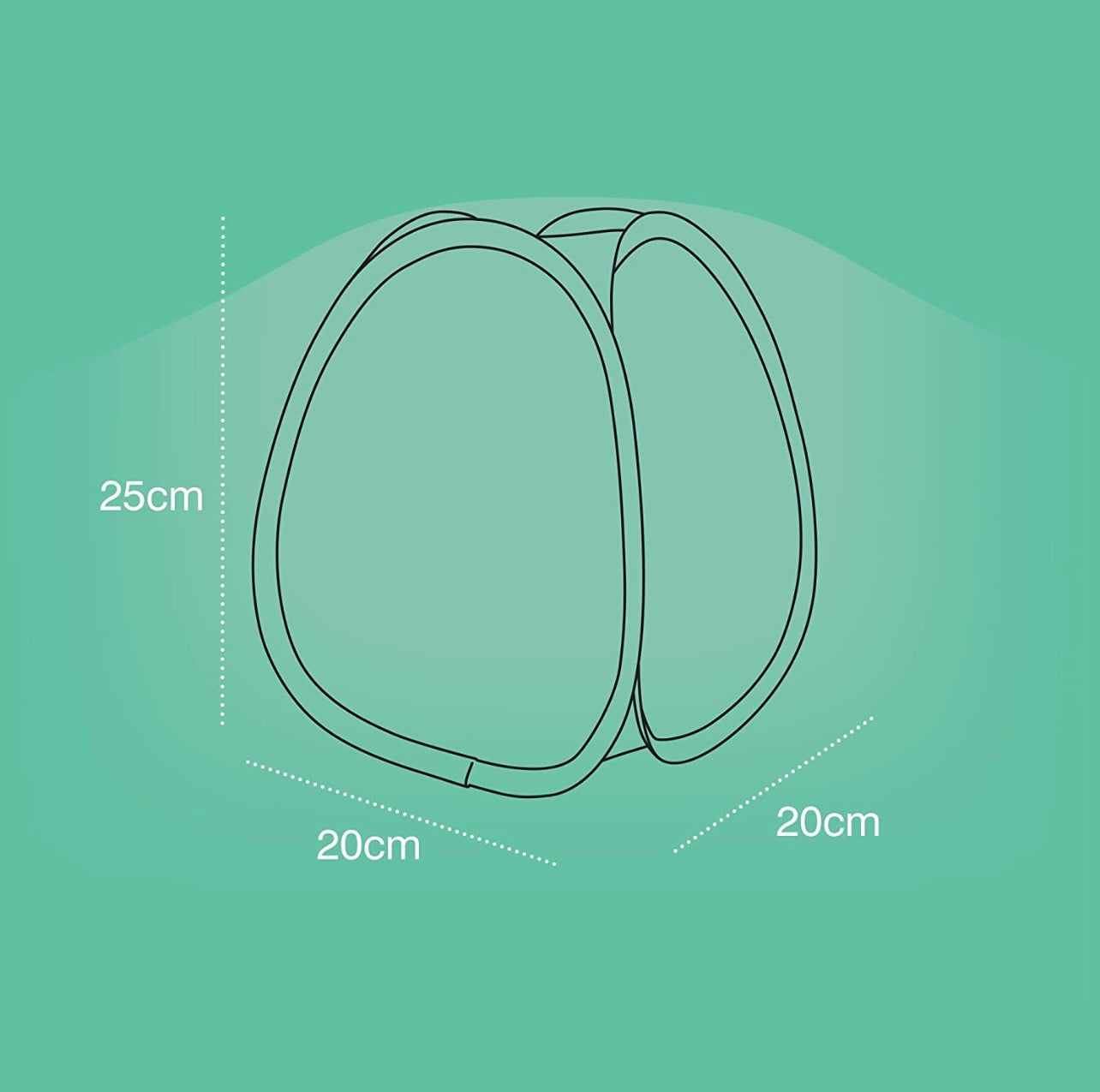 Against a green background, a line drawing of the Water Shedder Accessory—a rounded, triangular 3D object—is displayed with its dimensions marked. The height measures 25 cm, and the base dimensions are 20 cm by 20 cm. This accessory includes a waterproofing layer designed to prevent mould growth.