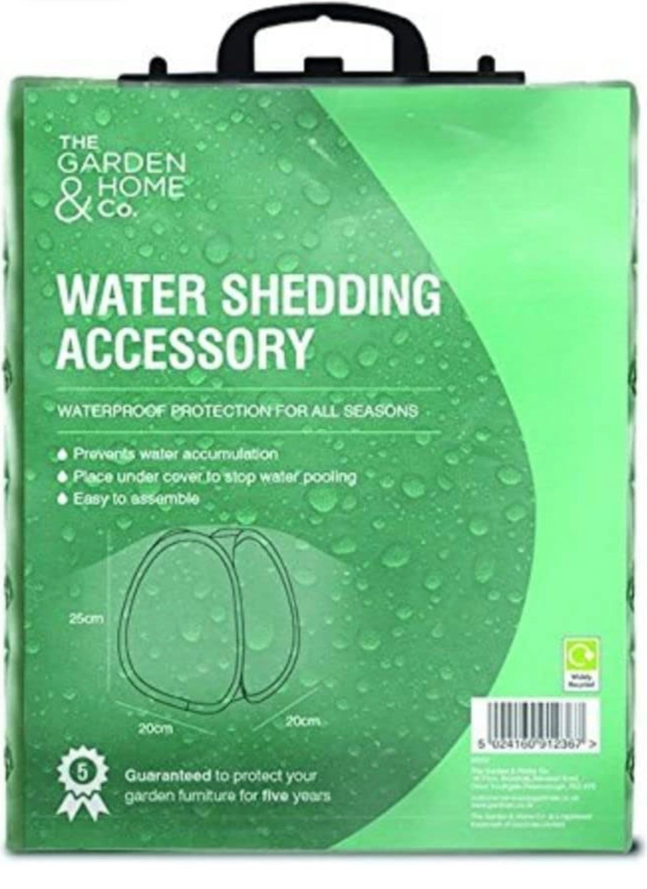 Introducing the Water Shedder Accessory by The Garden & Home Co. - a green product packaging designed for all seasons. This cover claims waterproof protection, preventing water accumulation and mould. It's easy to assemble and can protect your garden furniture for up to five years. The packaging also includes illustrations and dimensions for your convenience.