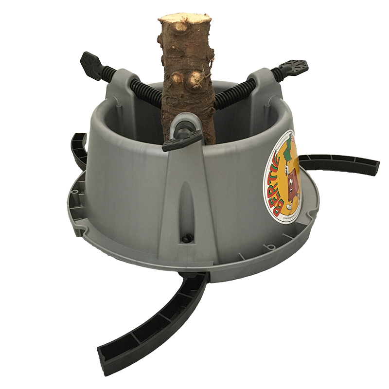 The Bertie Christmas Tree Stand, made from gray plastic, features three black adjustable legs and a central section designed to secure the tree trunk. This stand provides sturdy support for holiday decorating with black clamps holding the tree firmly in place. It also includes a sticker with cartoon graphics for added festive charm.