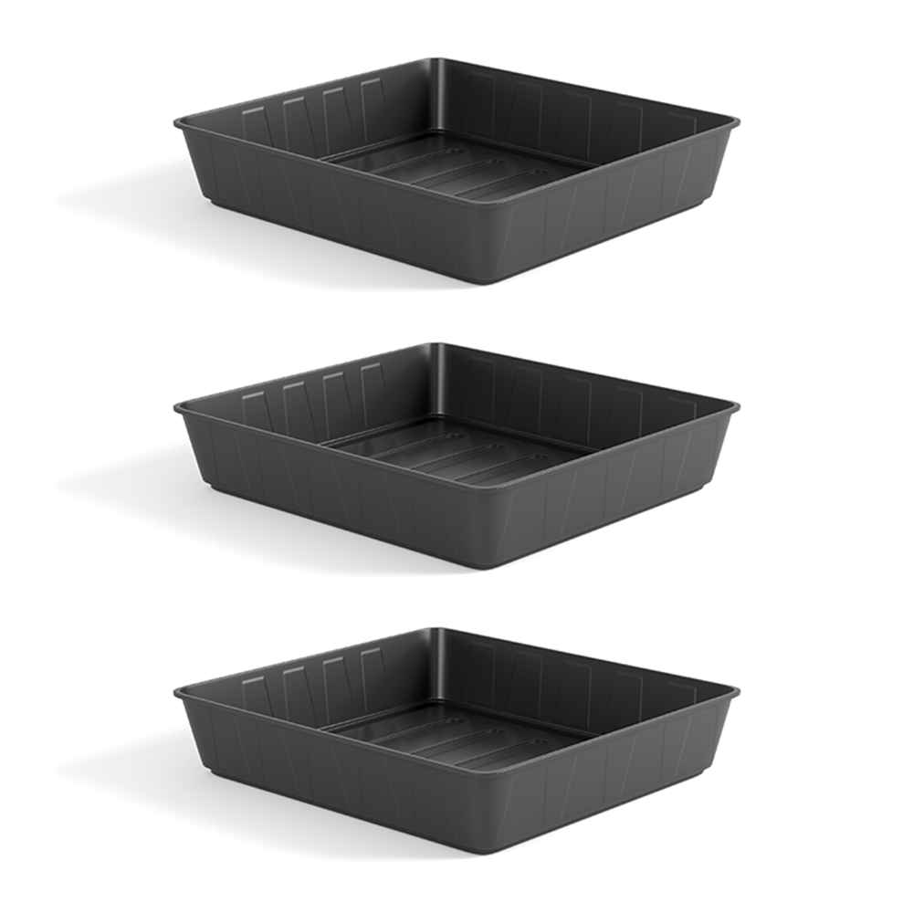 Three Heavy Duty Seed or Gravel Trays in black, featuring a square design and constructed from durable injection-moulded plastic, each with raised edges and a grid pattern on the base, are stacked in a vertical column against a white background. These versatile gardening trays are perfect for seeds or gravel.