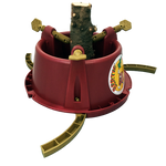 The Bertie Christmas Tree Stand, made of red plastic, offers sturdy support with its adjustable gold metal clamps. Enhanced by a festive sticker, this stand boasts three gold-colored stabilizing legs that extend outward from the base, making it an essential piece for holiday decorating.
