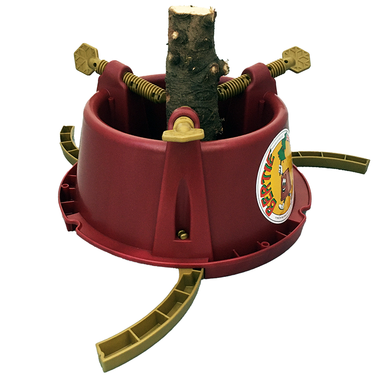 The Bertie Christmas Tree Stand, made of red plastic, offers sturdy support with its adjustable gold metal clamps. Enhanced by a festive sticker, this stand boasts three gold-colored stabilizing legs that extend outward from the base, making it an essential piece for holiday decorating.