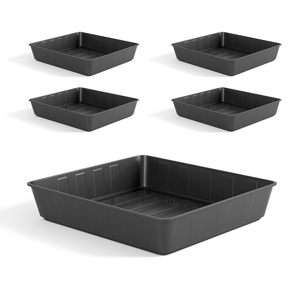 Five black, rectangular Heavy Duty Seed or Gravel Trays of different sizes from Etree are arranged against a white background. Each durable injection-moulded plastic tray features a slightly raised edge and shallow depth, making them versatile gardening trays suitable for planting, organizing, or serving.