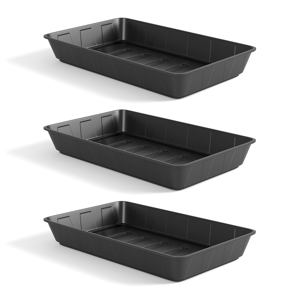 Three Heavy Duty Seed or Gravel Trays are placed vertically with even spacing. Each black rectangular tray, made of durable injection moulded plastic, has a shallow depth and features raised sections on the inside surface. These versatile gardening trays are shown on a white background, casting slight shadows to the left.