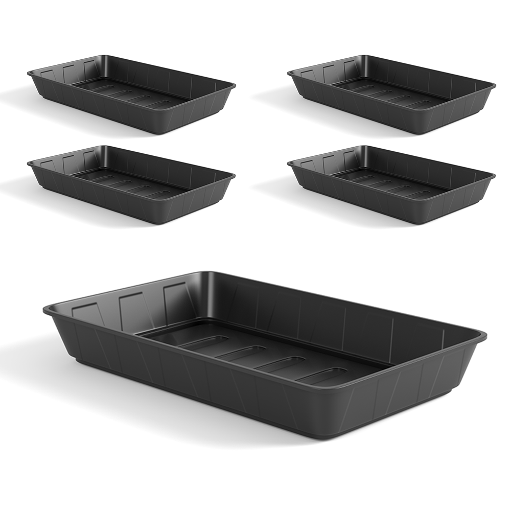 This set of five Heavy Duty Seed or Gravel Trays, crafted from durable injection moulded plastic, each features a ridged design on the sides and bottom. Four trays are evenly spaced in the top two rows, with one larger tray prominently placed in the front. All trays are empty and casting soft shadows.