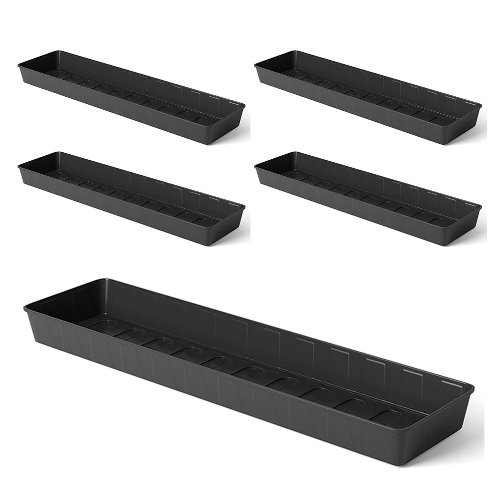 A set of five identical Heavy Duty Seed or Gravel Trays in black, made from durable injection moulded plastic, featuring a flat bottom and raised sides, displayed against a white background. These trays are arranged in two rows: three on the top row and two on the bottom row.