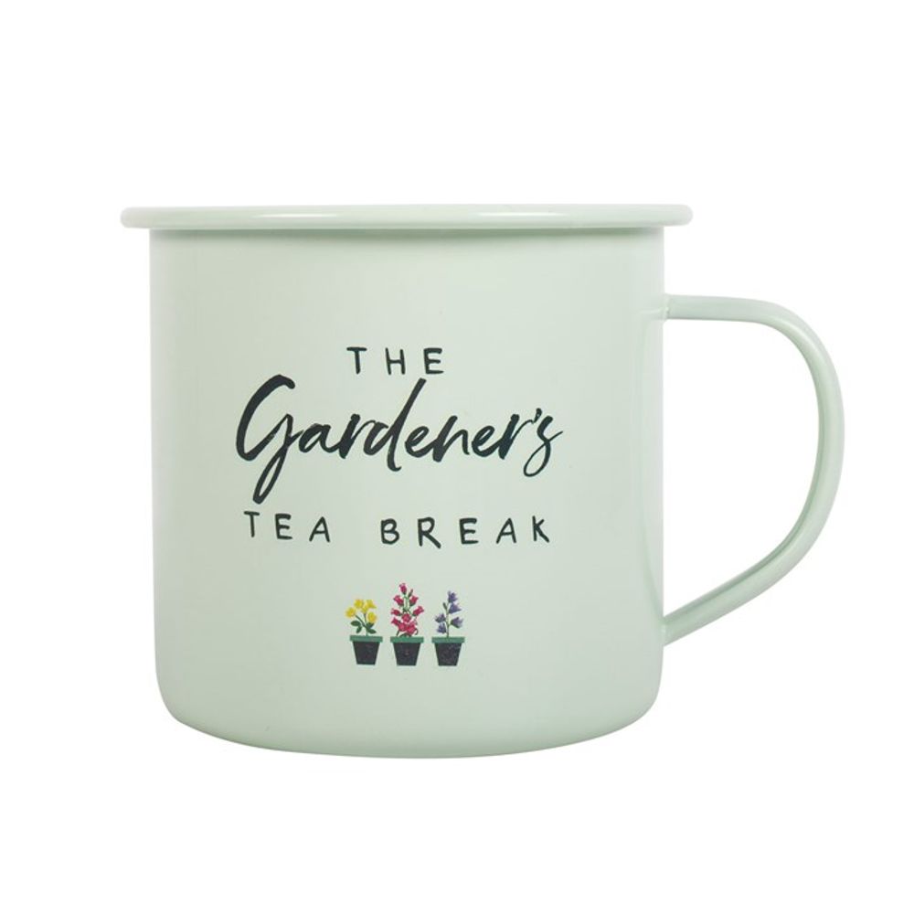 The Gardener's Tea Break Enamel Mug is a light green mug adorned with the phrase "The Gardener's Tea Break," making it ideal for avid gardeners. Below the text, three small botanical illustrations of flower pots add a delightful charm. The mug includes a simple handle on the right side.
